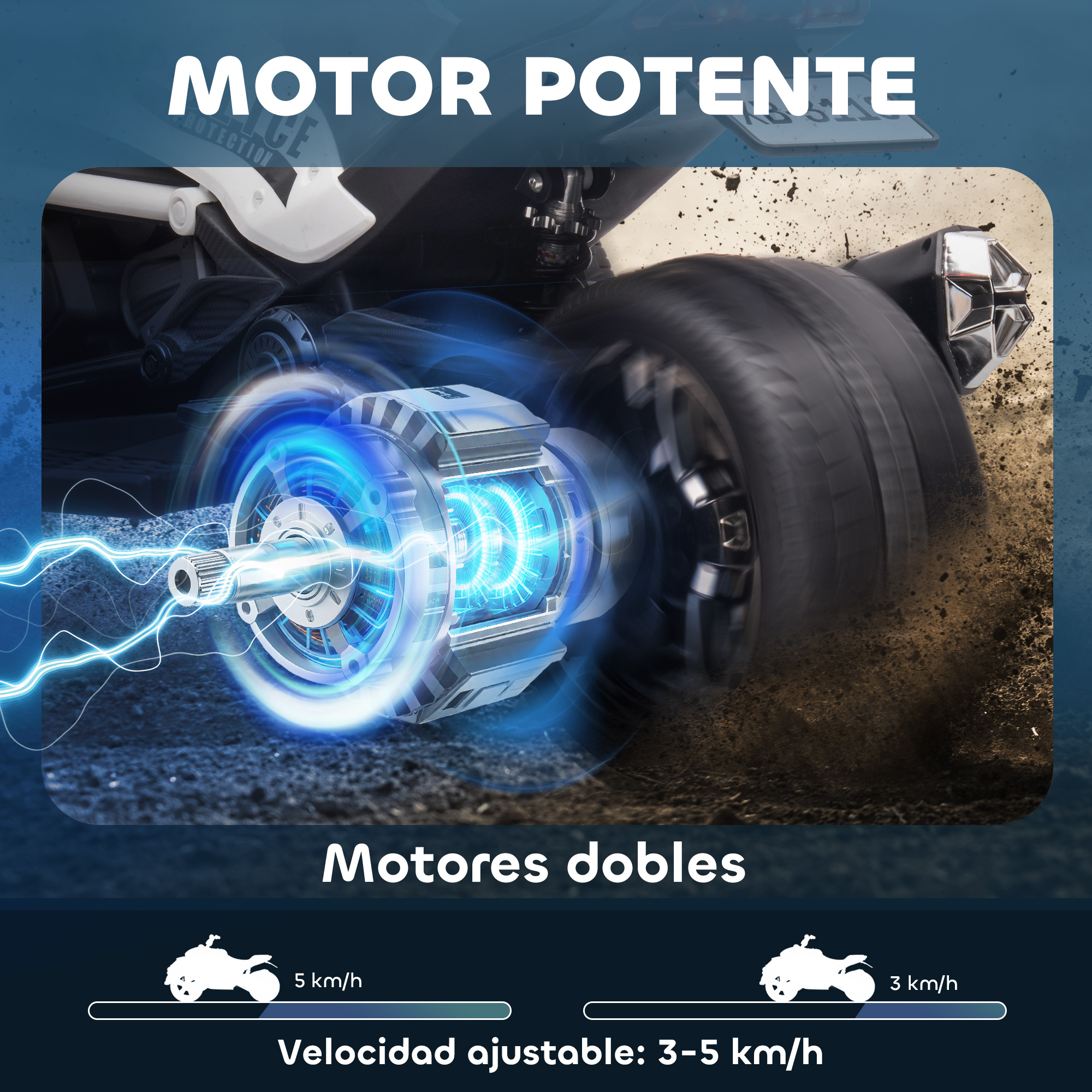 Un motor brillante con líneas de energía azules junto a una rueda giratoria.