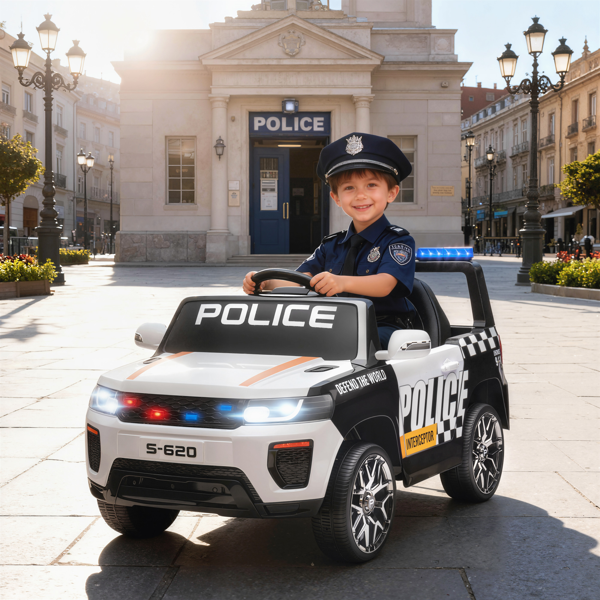 Un niño sonriente con uniforme de policía se sienta en un coche de policía de juguete.