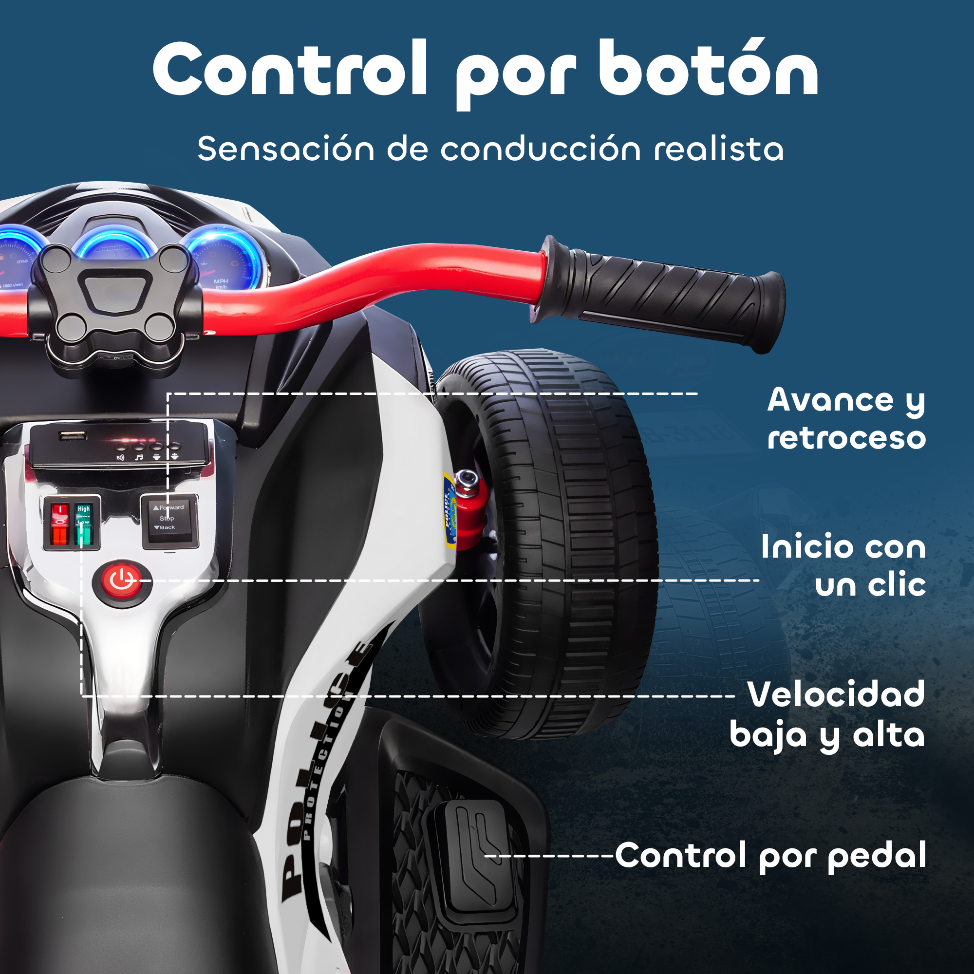 Una motocicleta de policía de juguete en blanco y negro con manillar rojo y luces azules.