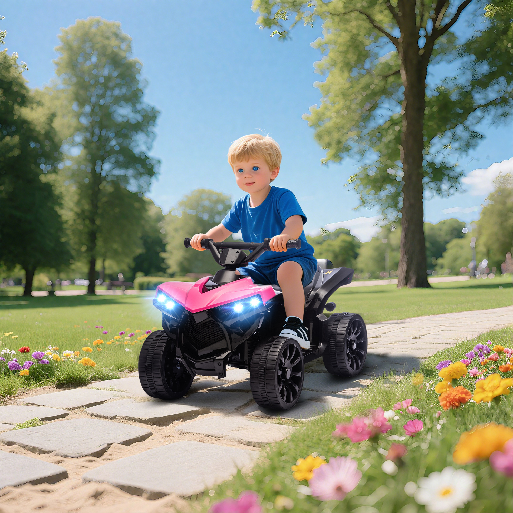 Un niño pequeño monta un quad rosa por un camino en un parque con flores.