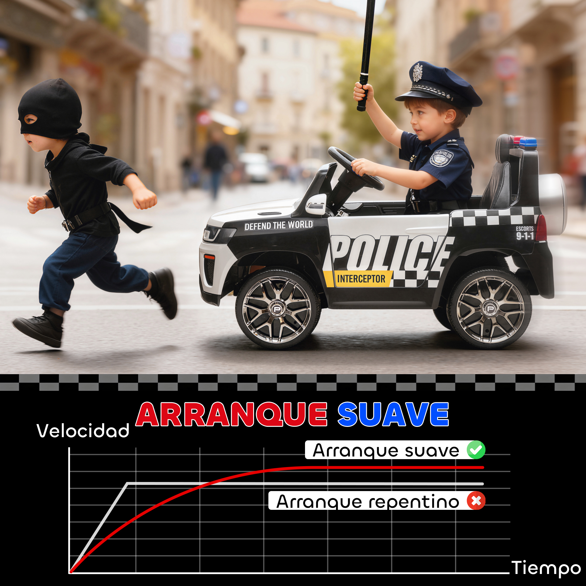 Un niño policía persigue a otro niño que huye en un coche de juguete. Gráfico de velocidad-tiempo abajo.