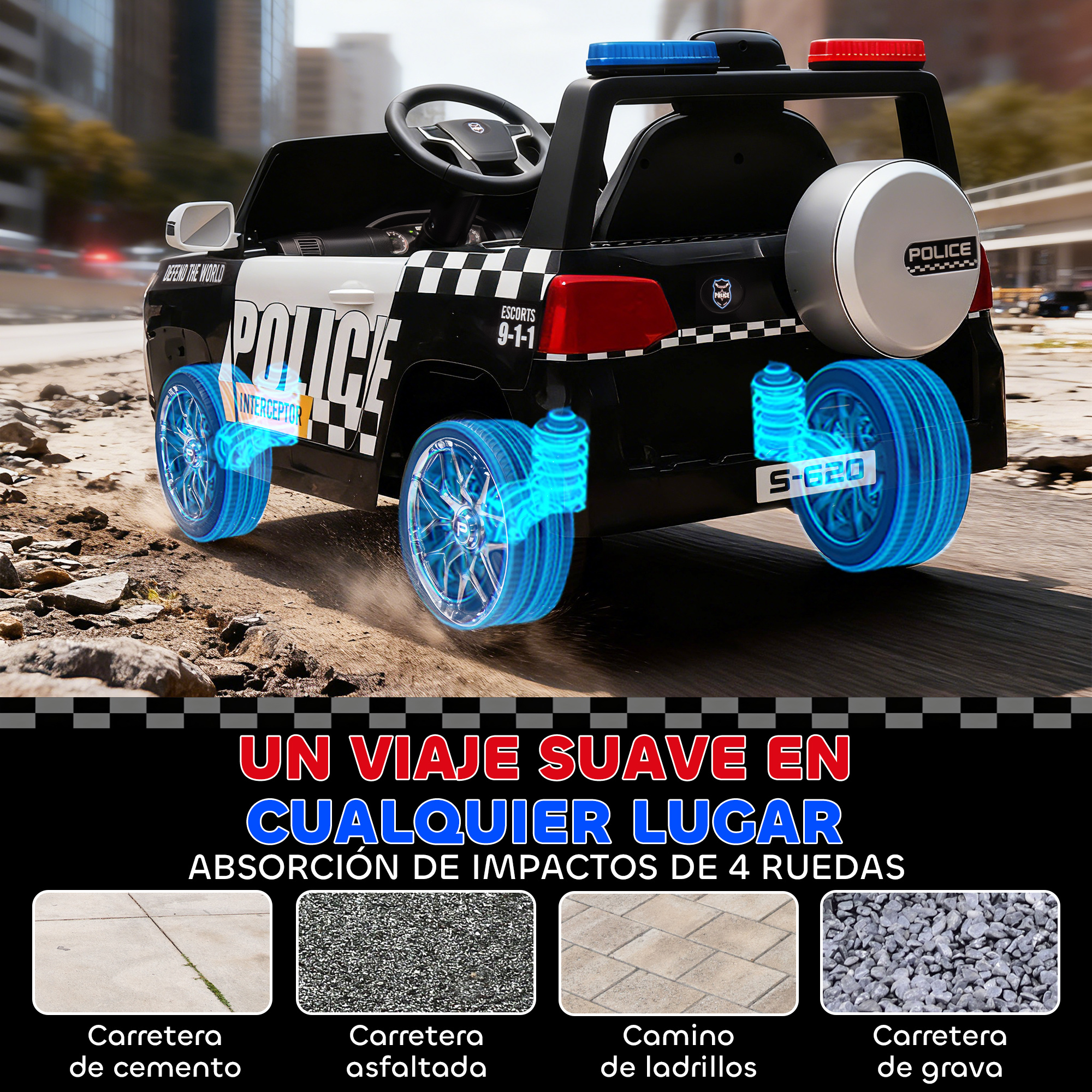 Un jeep de juguete de policía negro avanza por terreno accidentado. Las ruedas están resaltadas.