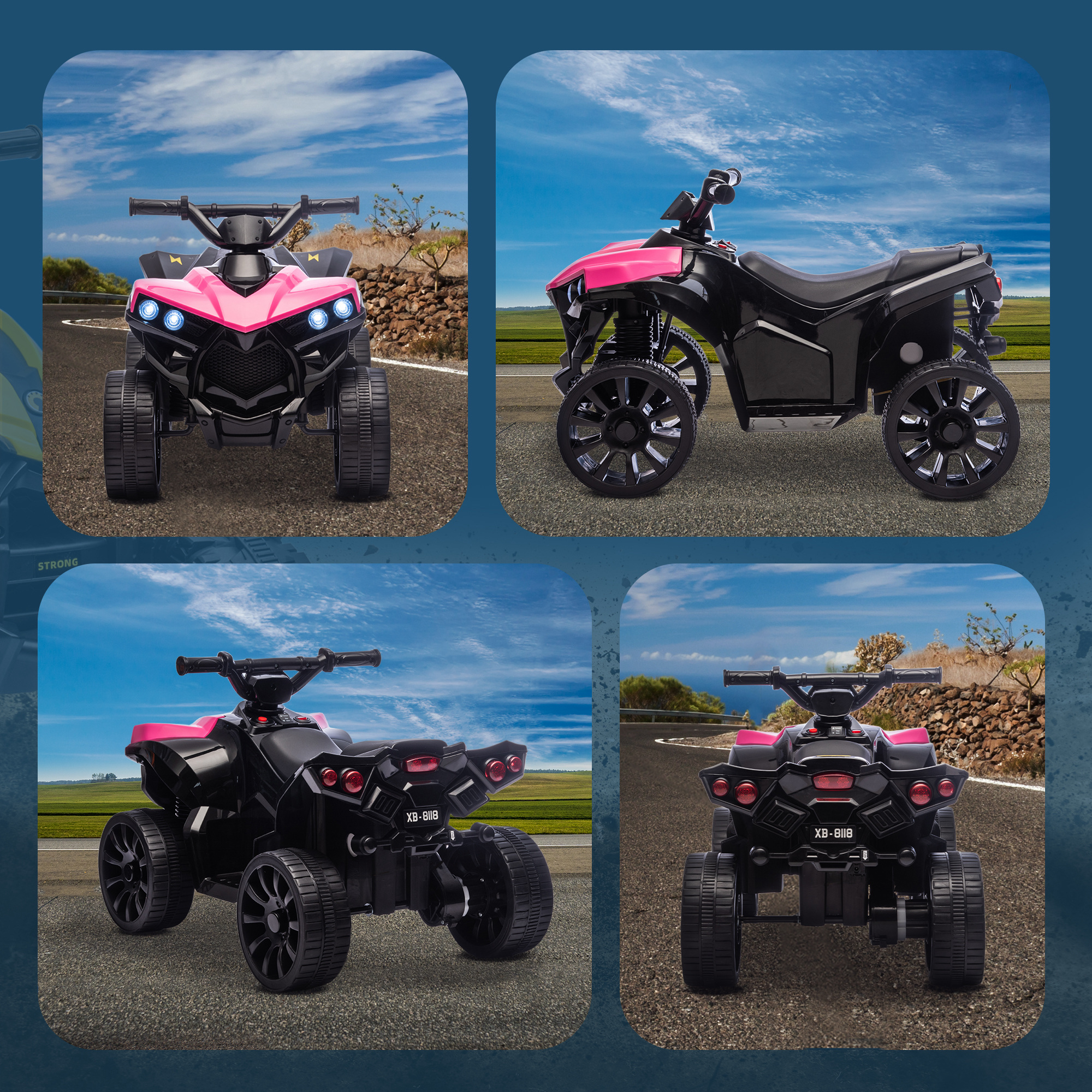 Un quad infantil rosa y negro sobre una carretera.
