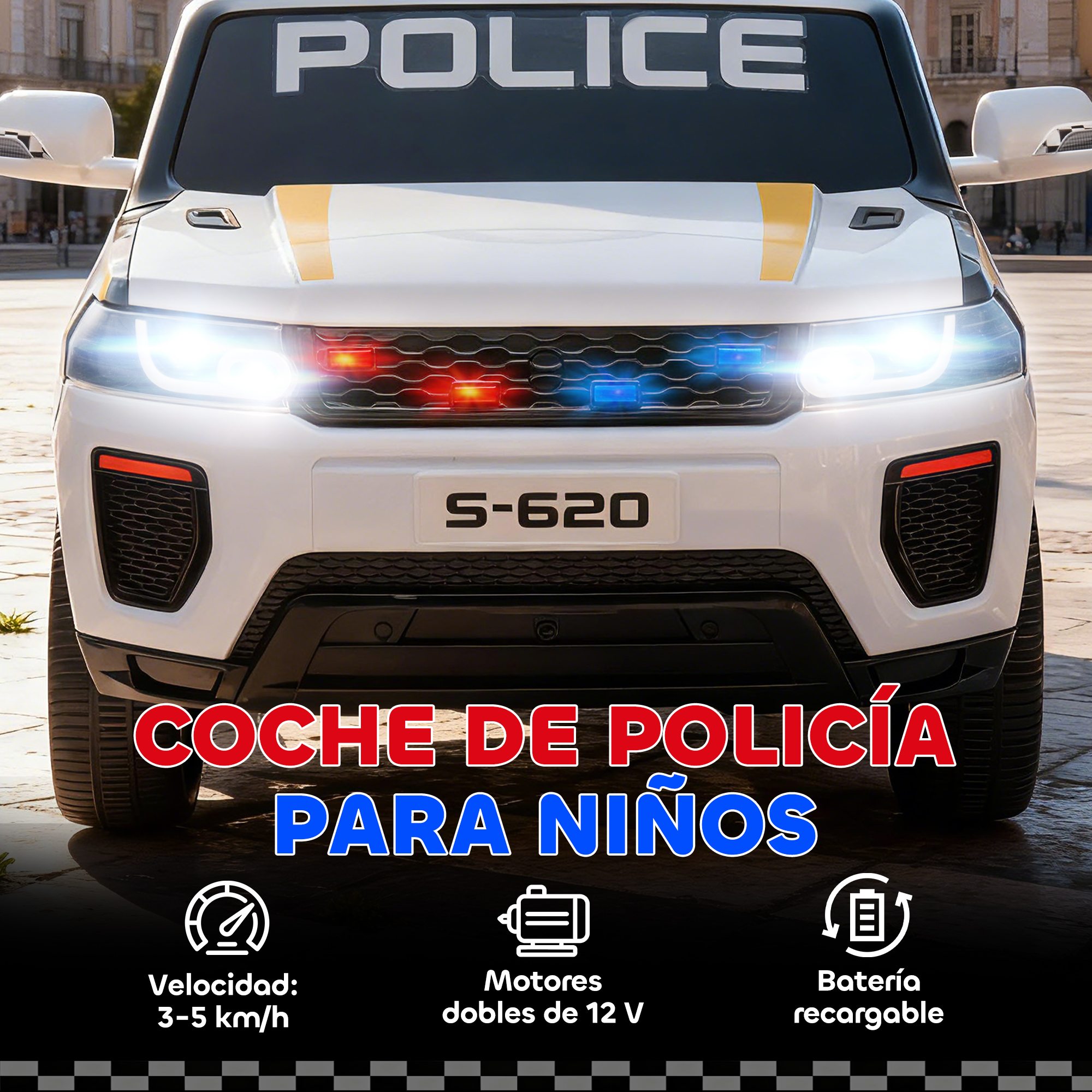 Un coche de policía blanco para niños, con luces encendidas y texto "POLICE".
