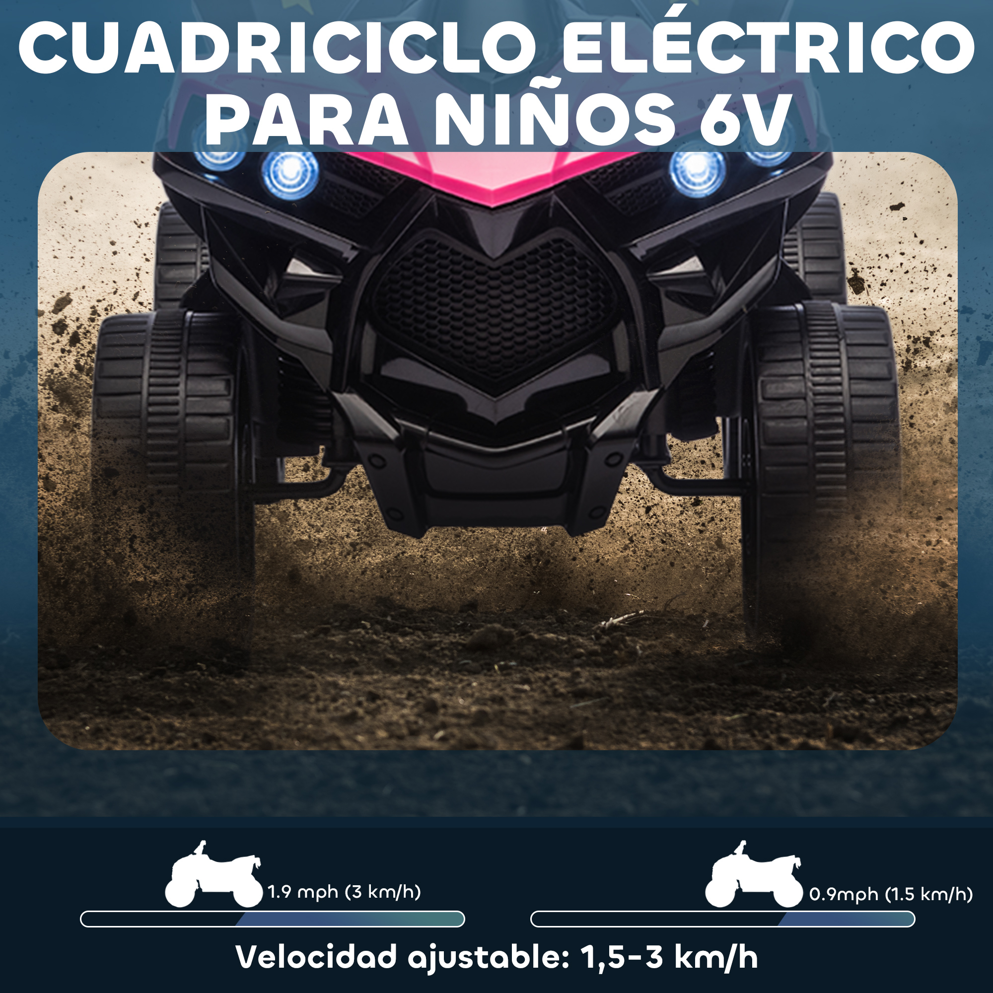 Un quad eléctrico negro para niños avanza sobre tierra, con luces azules.