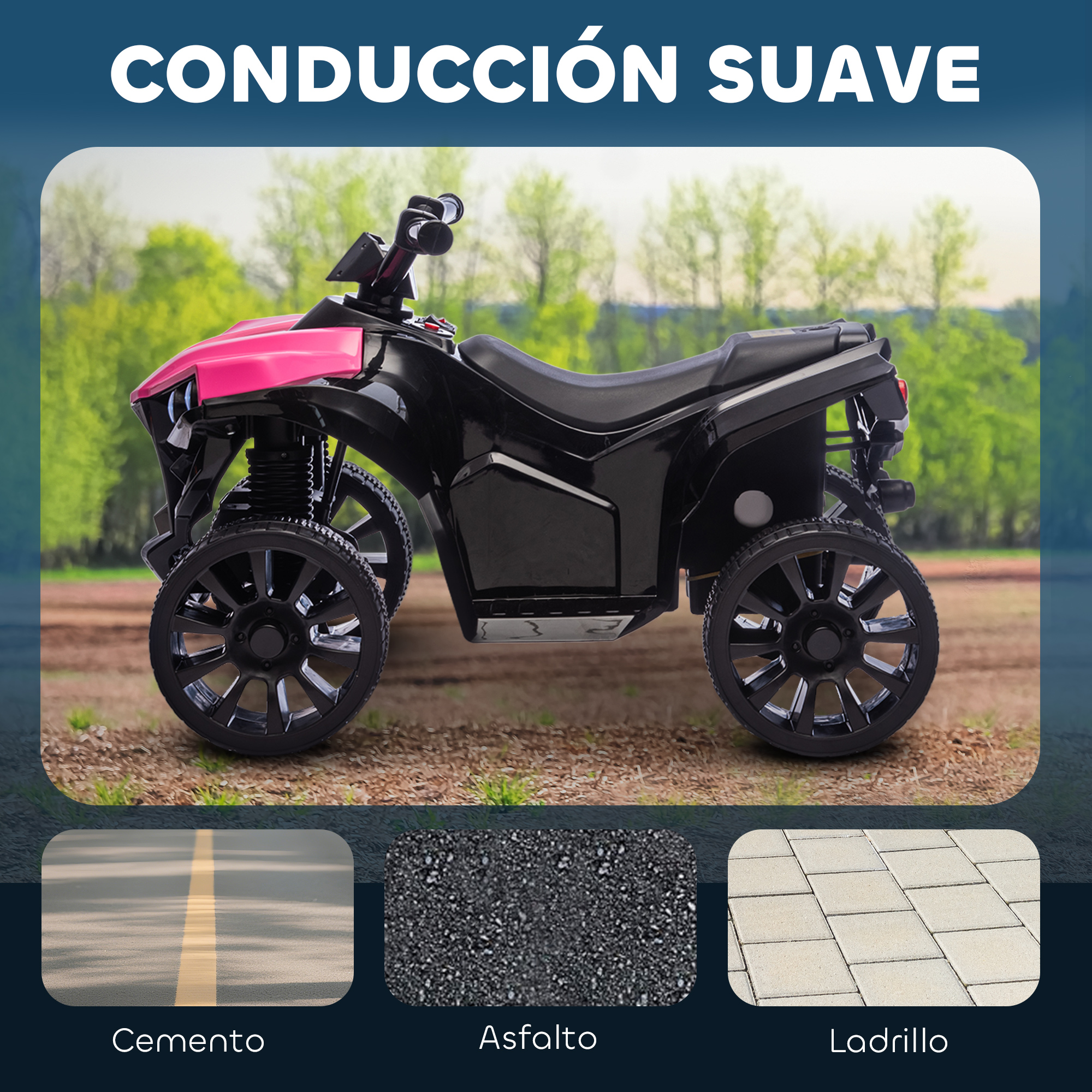 Un ATV infantil rosa y negro en un campo, con cemento, asfalto y ladrillos debajo.