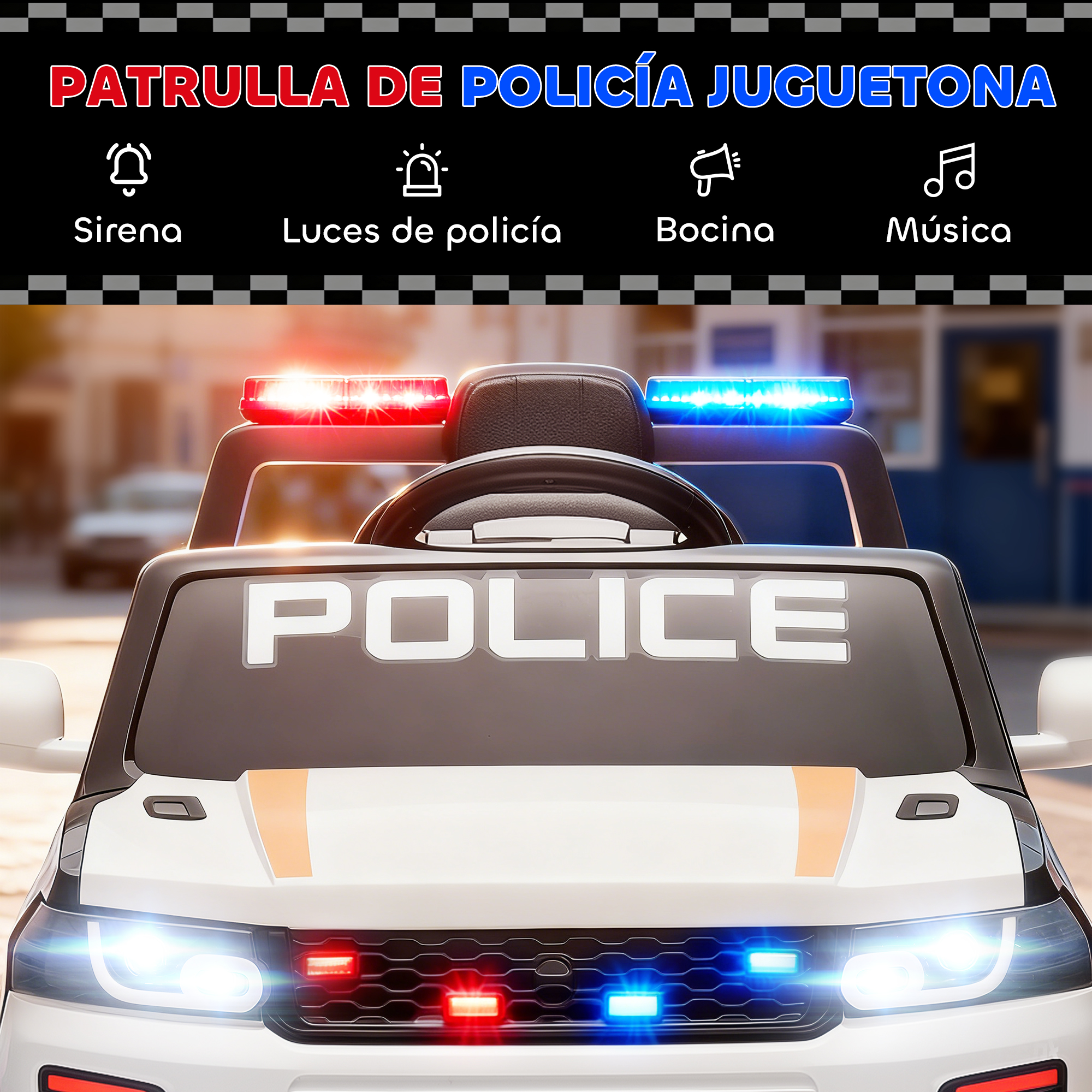 Un coche de policía de juguete con luces rojas y azules intermitentes, con la palabra POLICE.