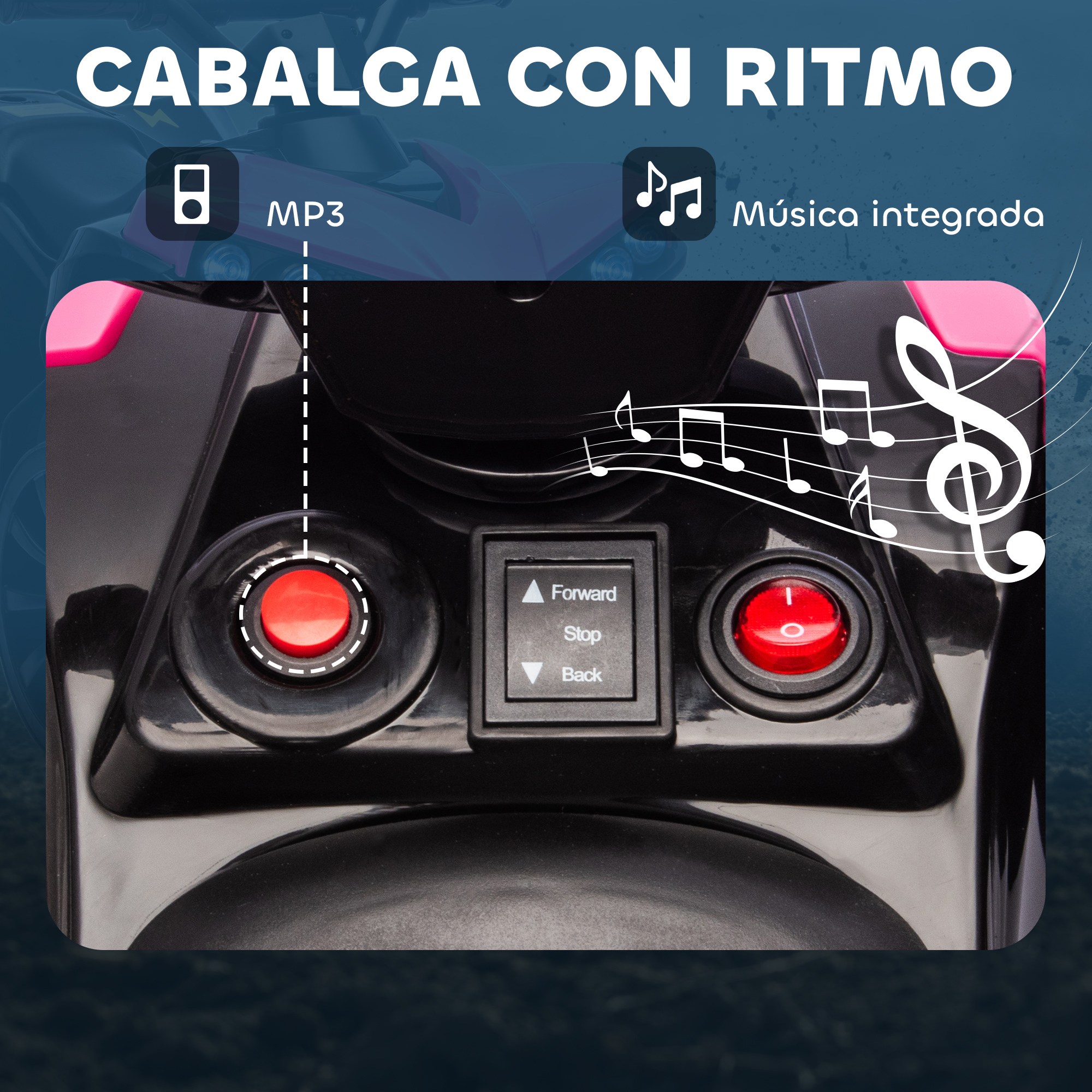 Primer plano del panel de control de una moto de juguete con MP3 y notas musicales.