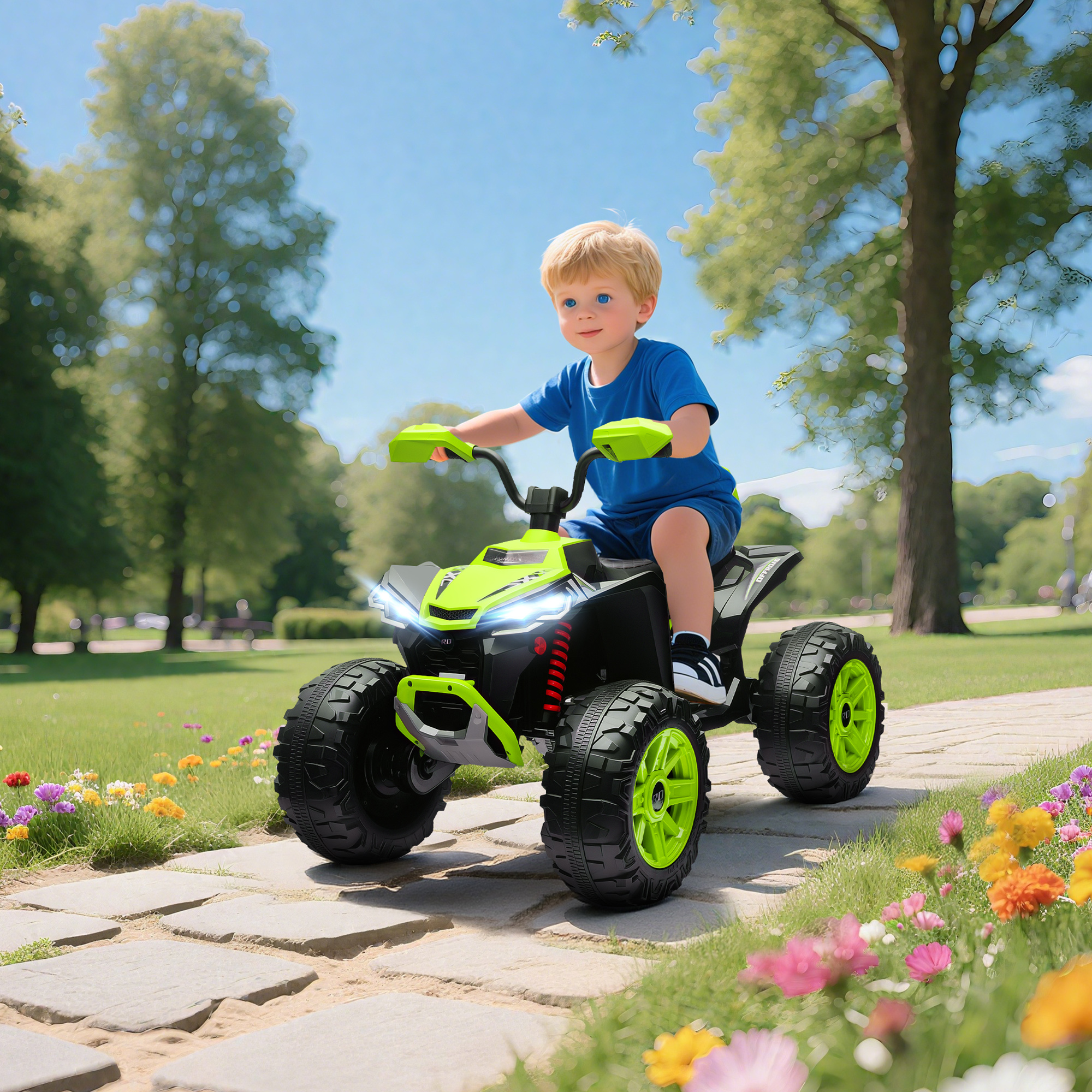 Un niño pequeño monta un quad verde por un camino en el parque.