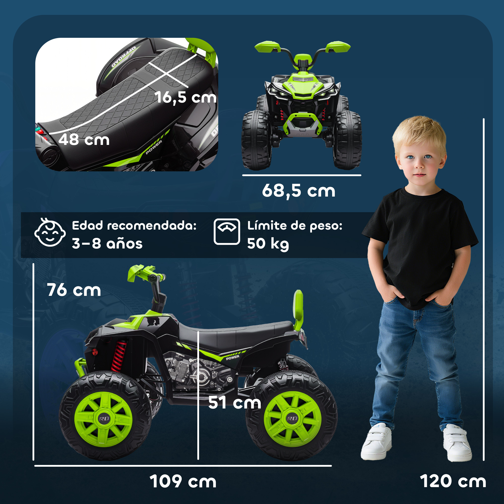 Un quad verde y negro con un niño. Se muestran las dimensiones.