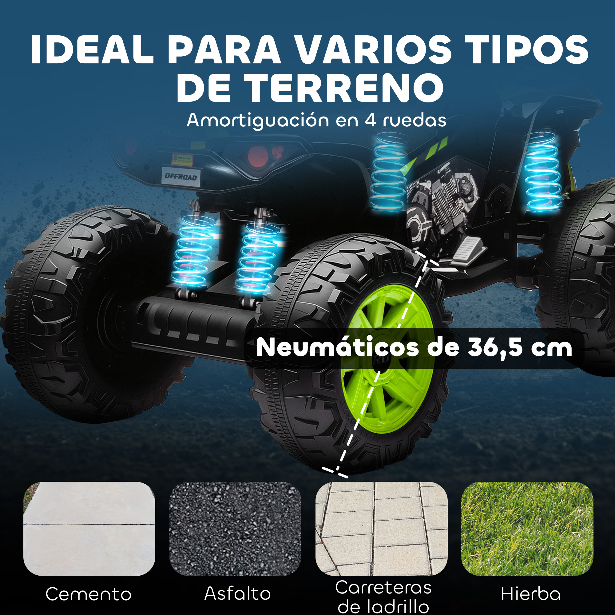Vehículo todoterreno con neumáticos de 36,5 cm, ideal para varios terrenos.