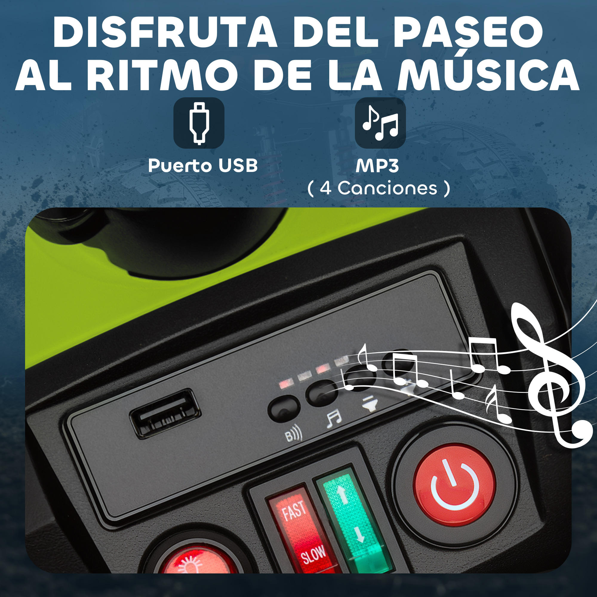 Primer plano de un panel de control con puerto USB, botones y luces.