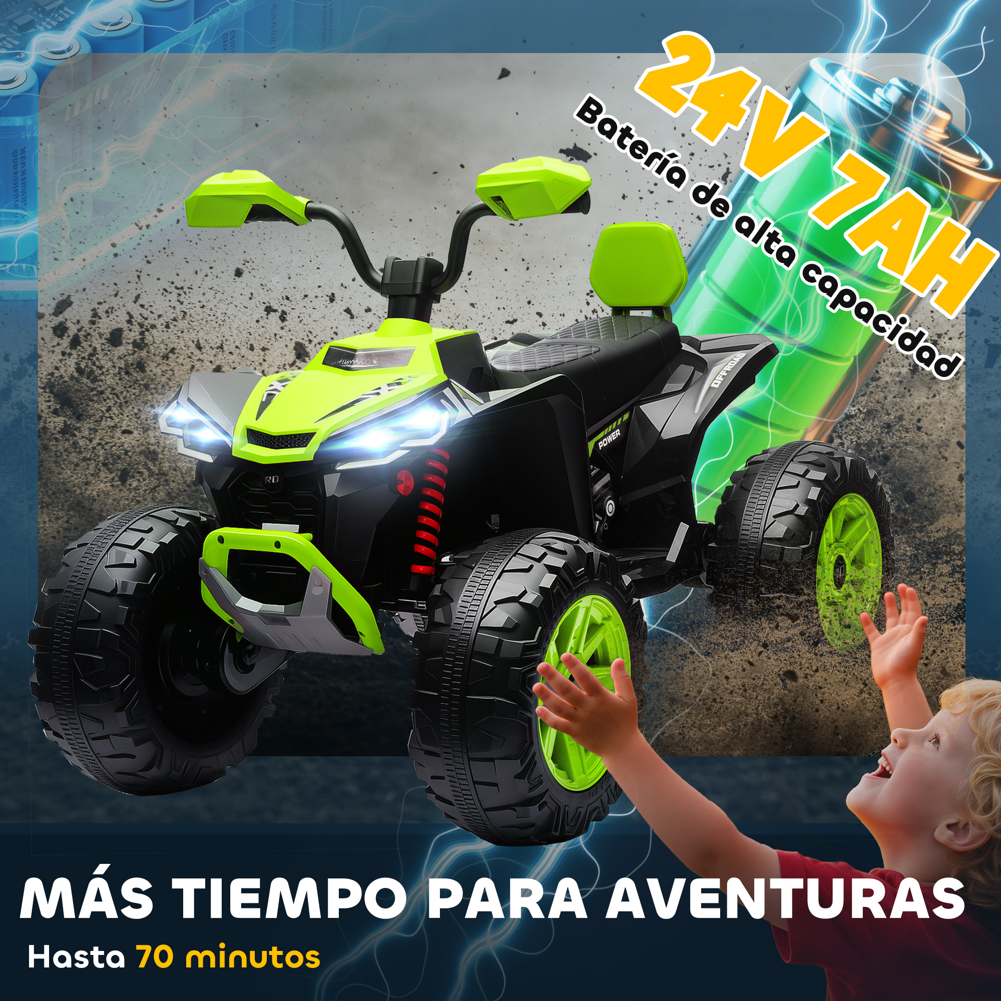 Un quad infantil verde y negro con grandes ruedas y un niño observando.