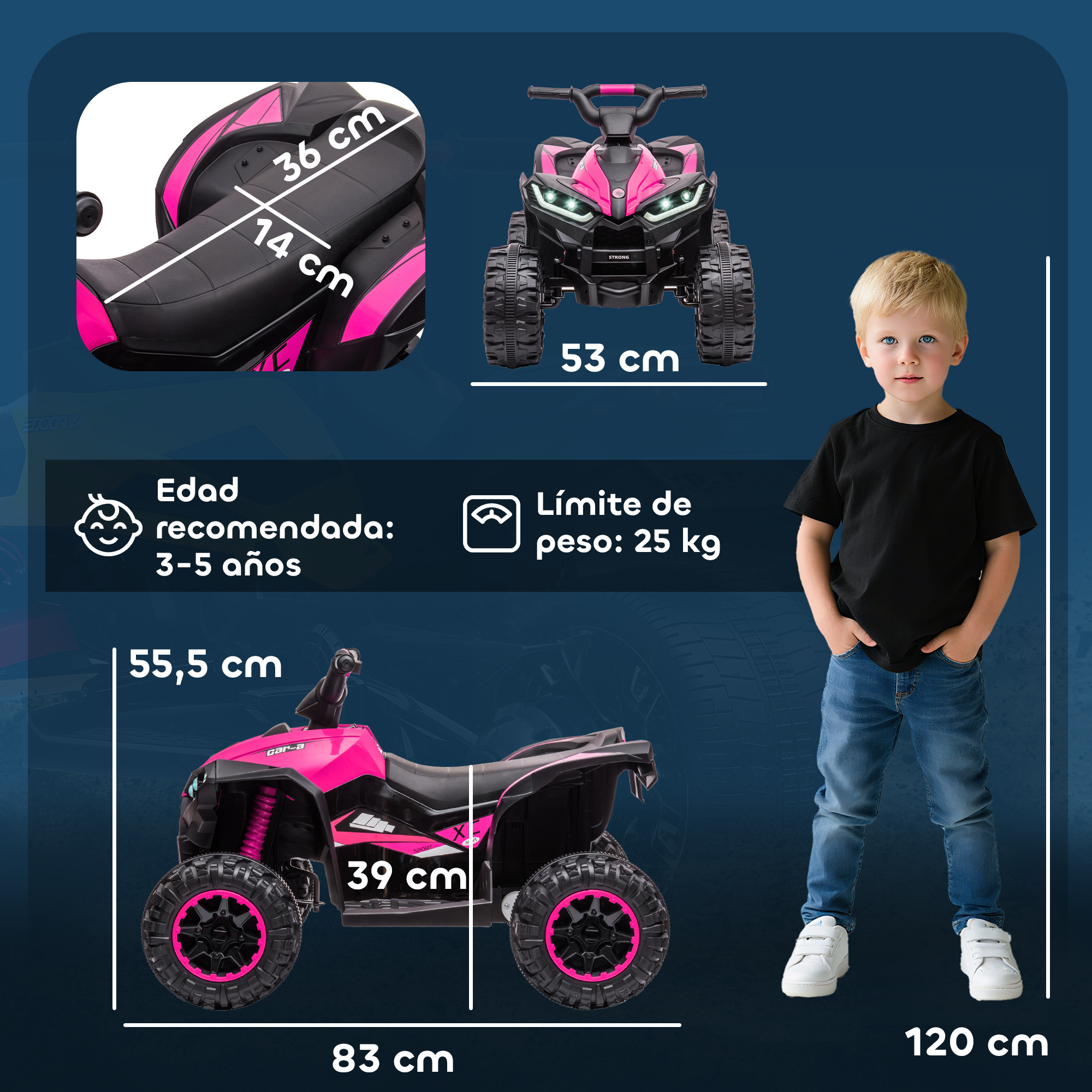 Un quad eléctrico rosa para niños con medidas y un niño.