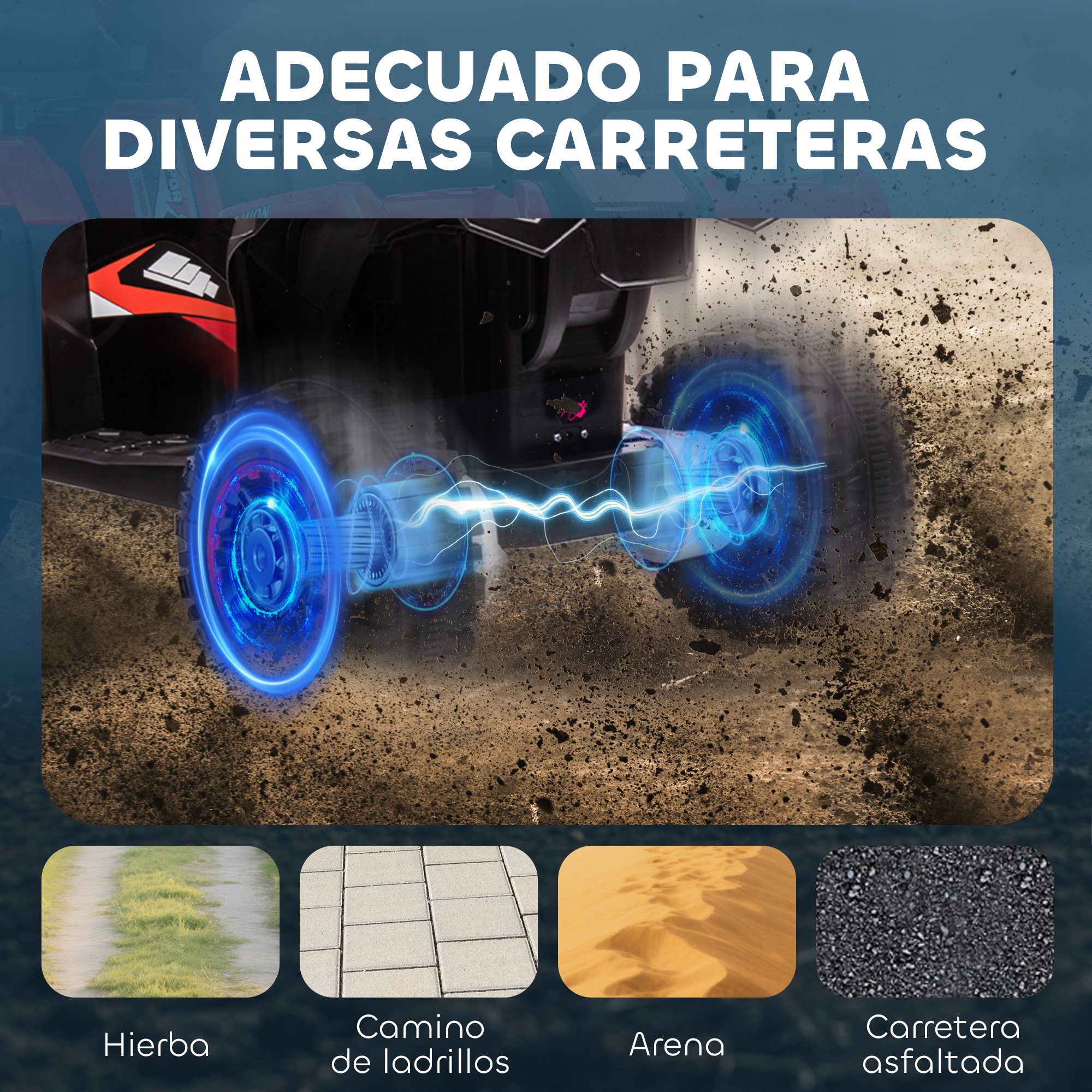 Un quad eléctrico avanza por terreno irregular, con ruedas azules brillantes y efectos de energía.