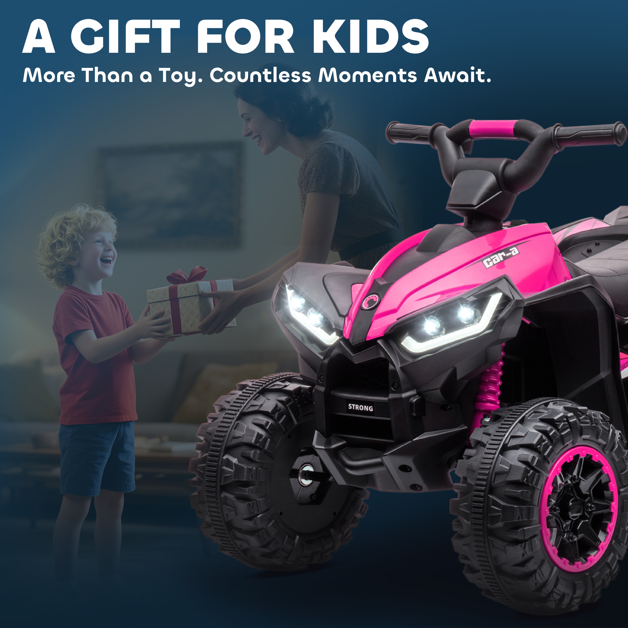 Un niño recibe un regalo de una mujer junto a un quad rosa.