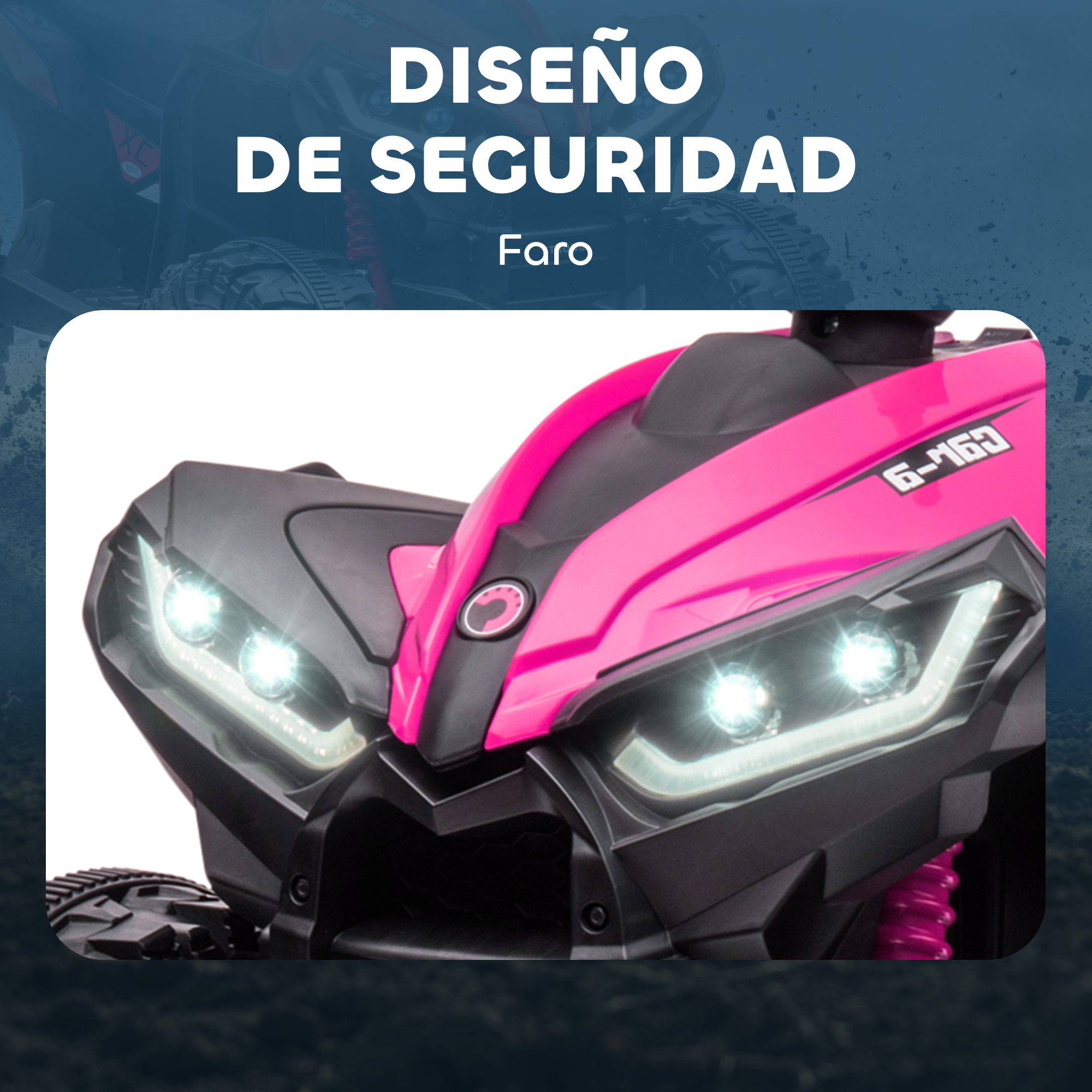 Primer plano de un ATV rosa para niños con faros brillantes y manillar negro.