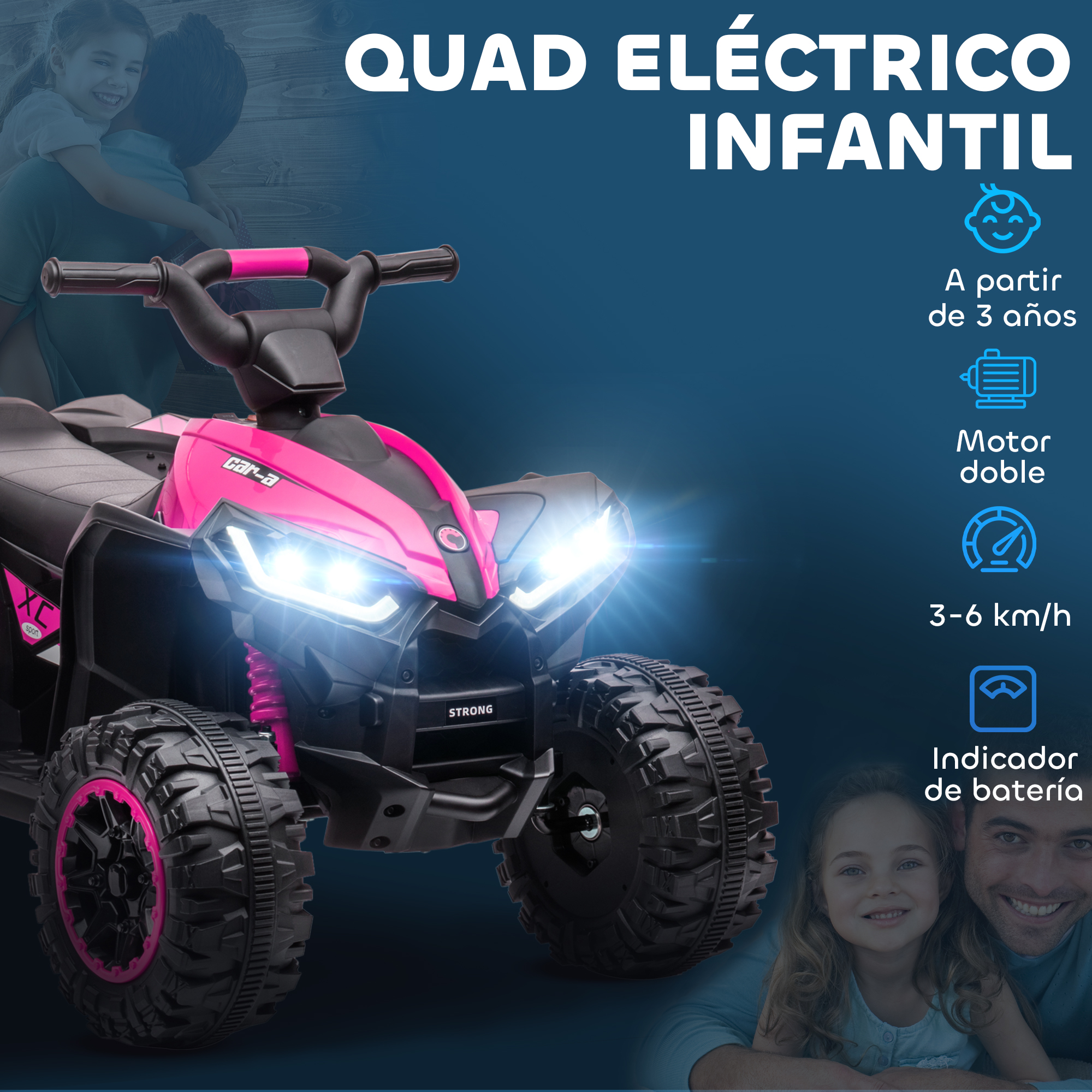 Un quad eléctrico infantil rosa con faros brillantes. Un hombre y una niña al fondo.
