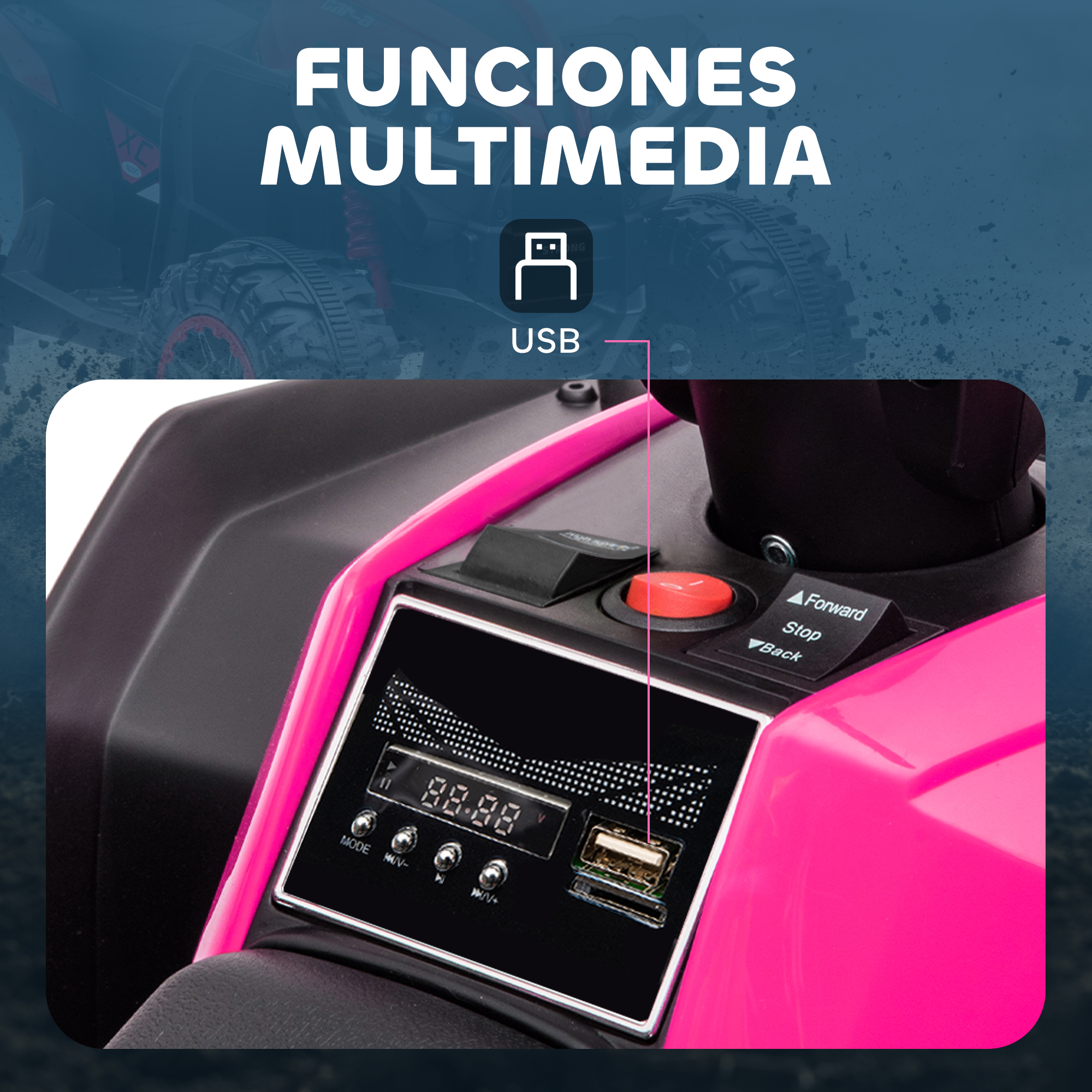 Primer plano del salpicadero de un ATV infantil rosa con puerto USB y controles. Adelante, parar, atrás.