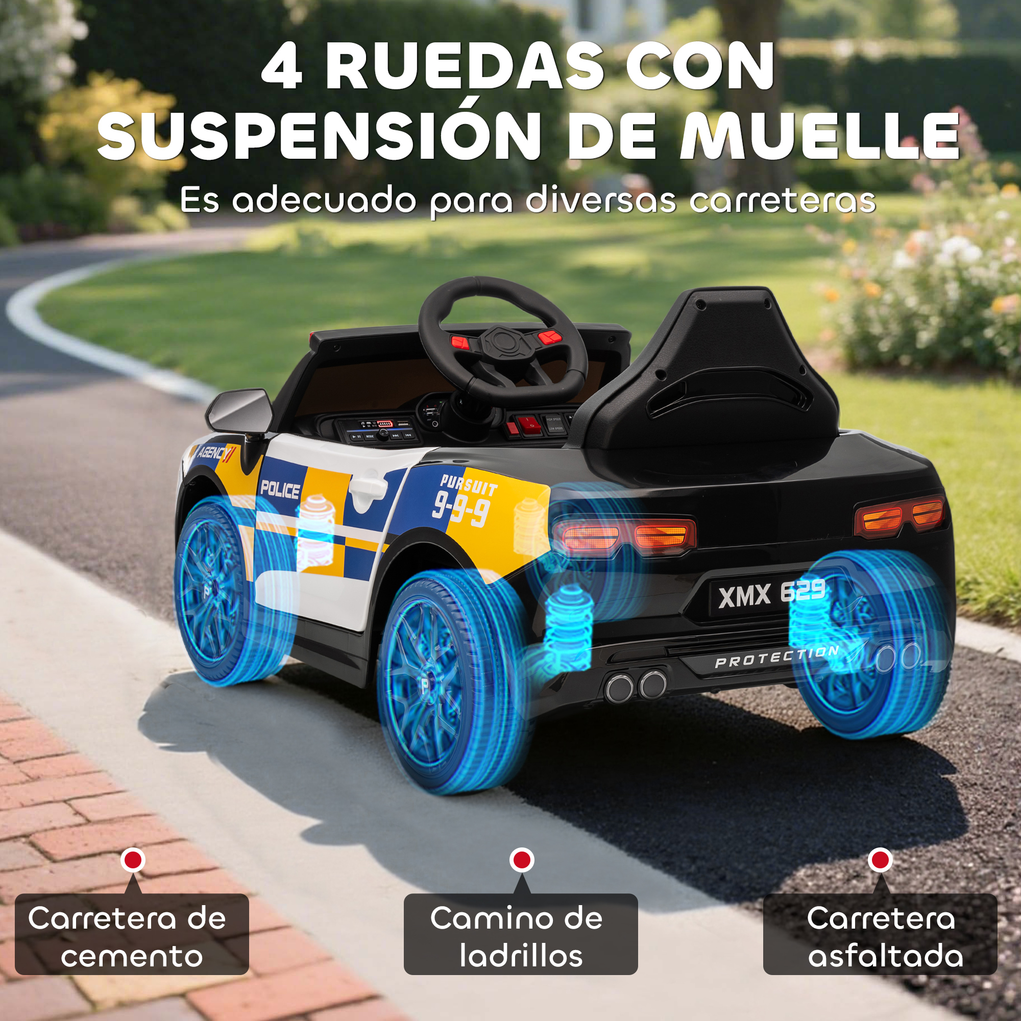 Un coche de policía de juguete negro con animaciones de ruedas azules en varias superficies.