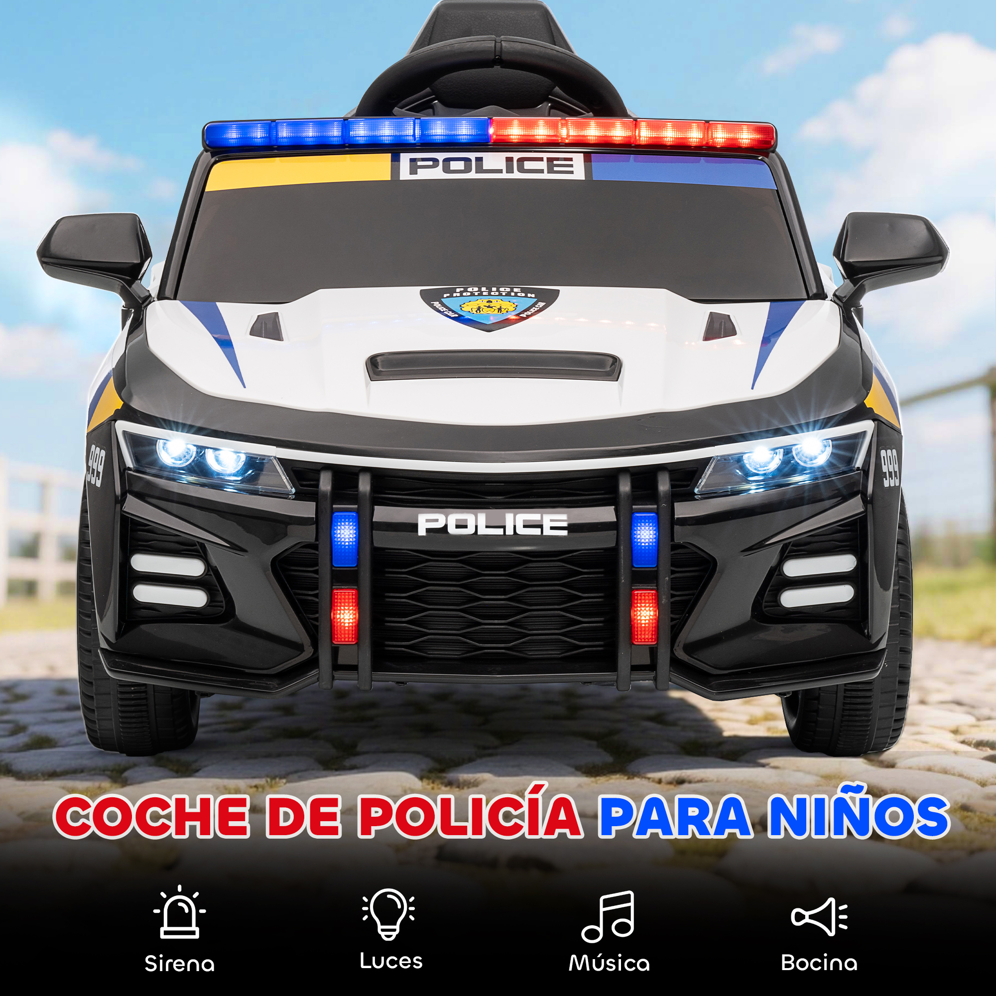 Un coche de policía blanco para niños con luces azules y sirenas.