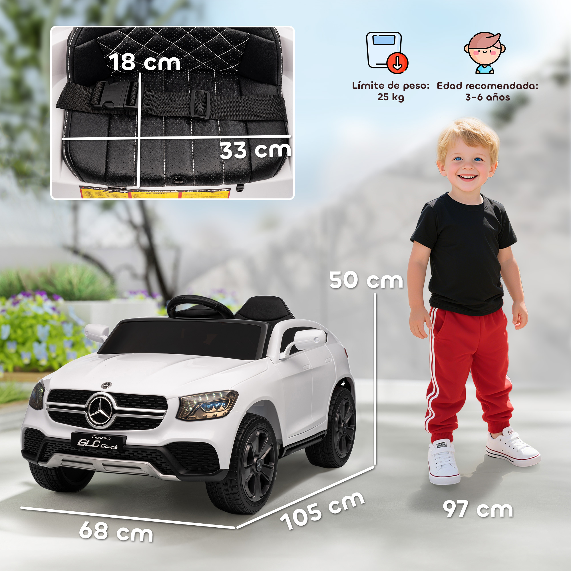 Un coche eléctrico infantil blanco con un niño al lado. Se muestran las dimensiones.