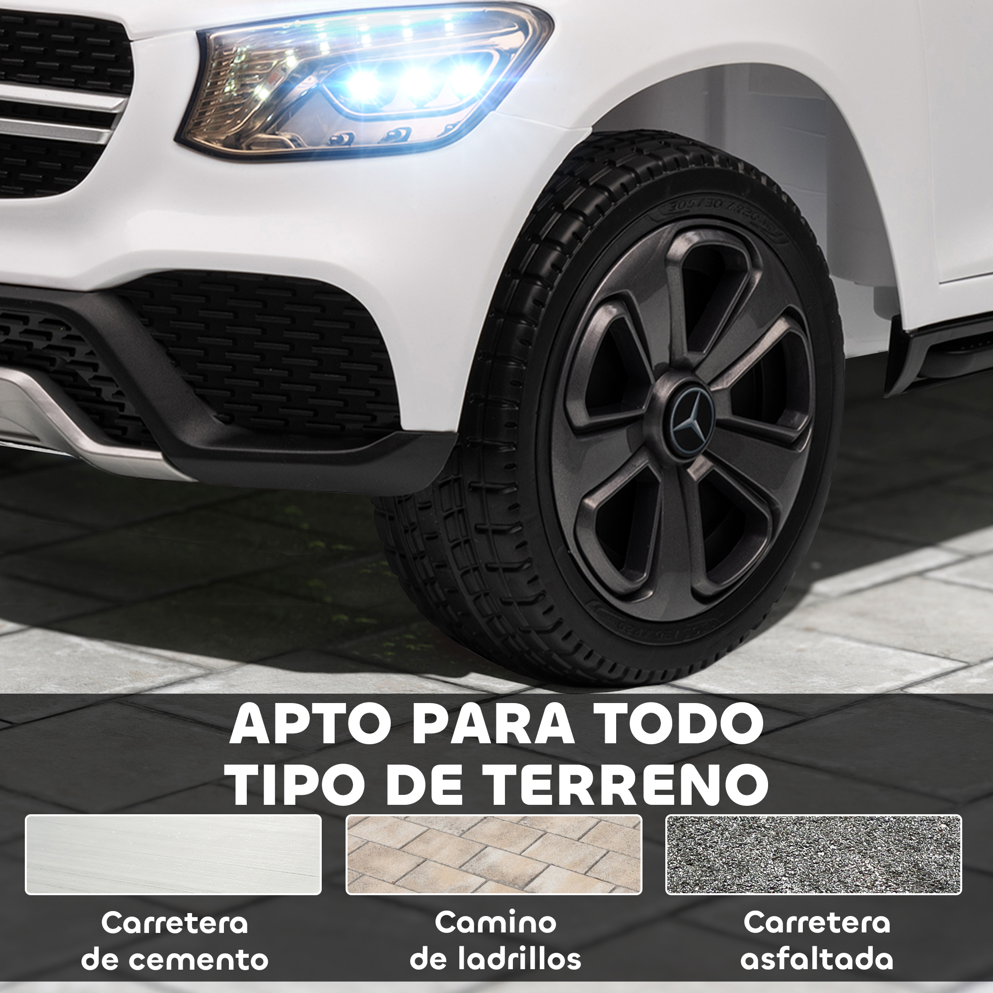 Primer plano del frontal de un vehículo blanco, con faros y rueda.