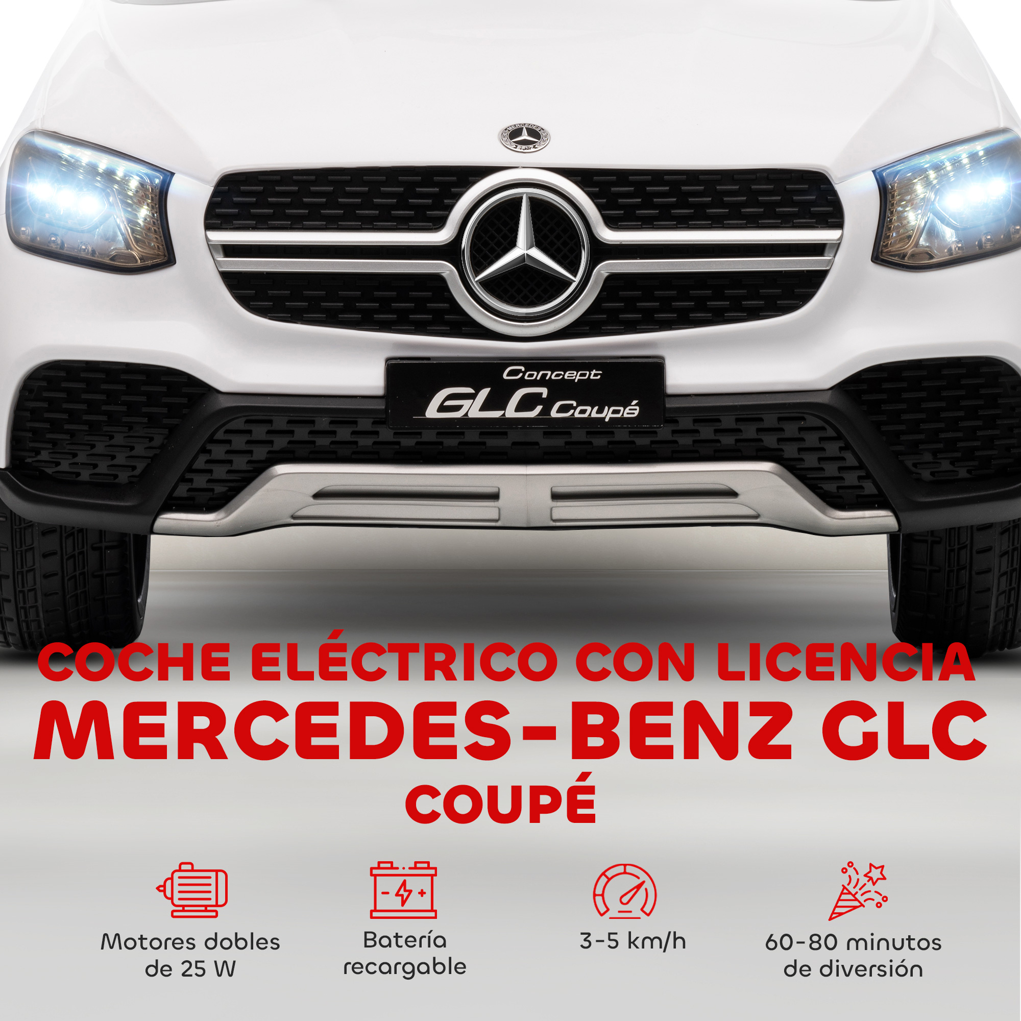 Un Mercedes-Benz GLC Coupé blanco con faros y parrilla iluminados.