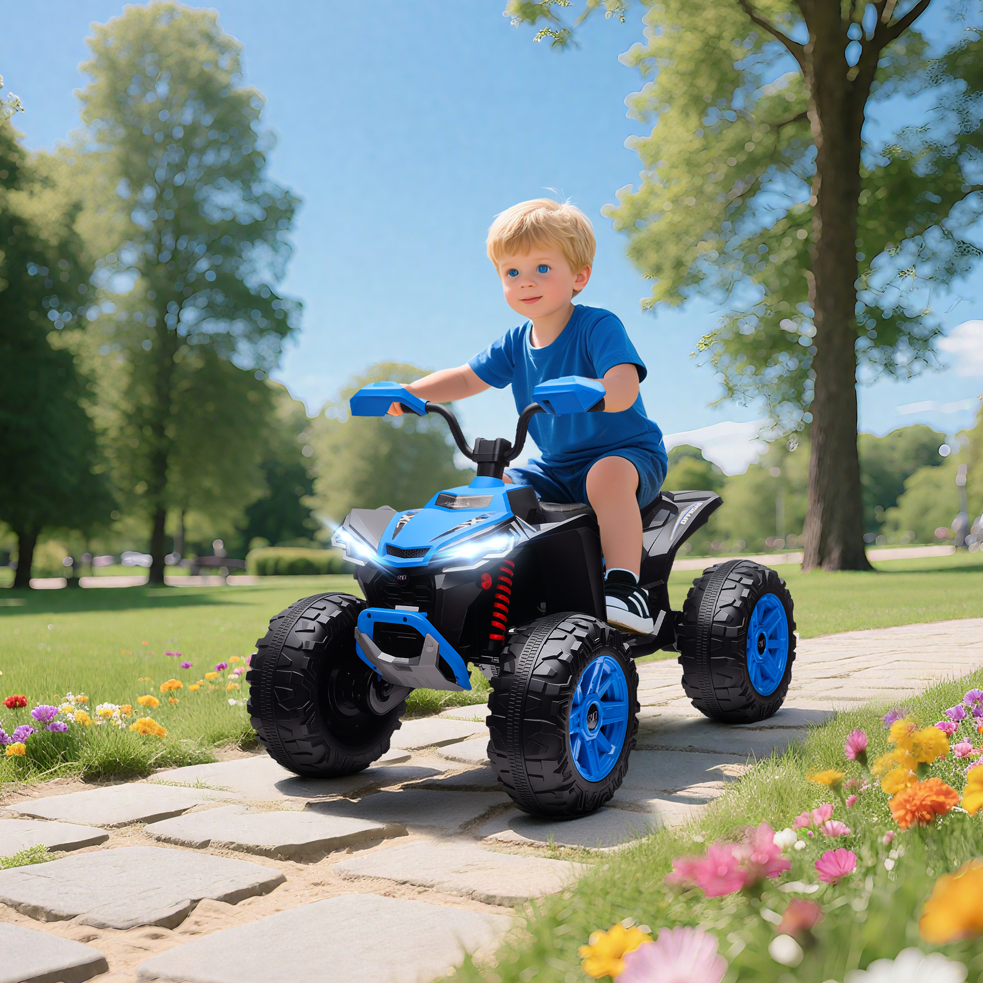 Un niño pequeño monta un quad azul por un camino en el parque.