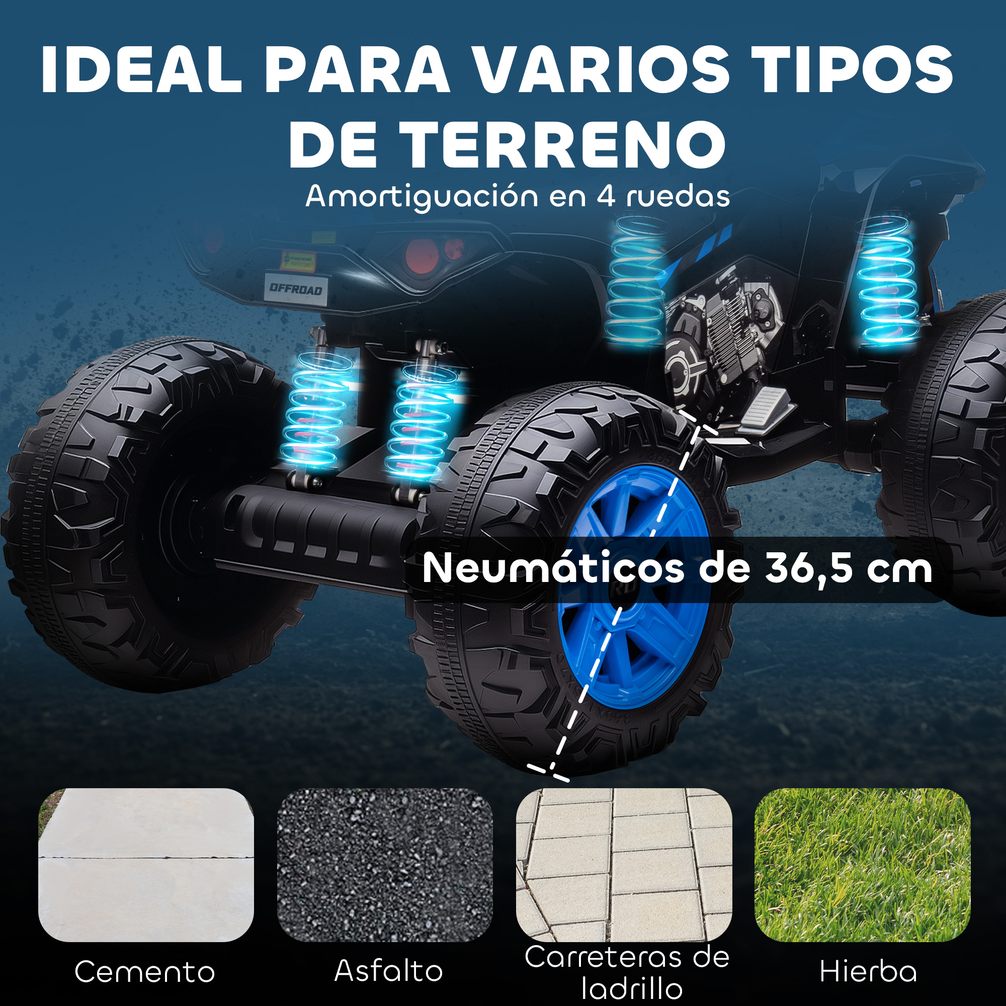 Vehículo todoterreno con neumáticos de 36,5 cm y suspensión. Para cemento, asfalto, ladrillo y hierba.