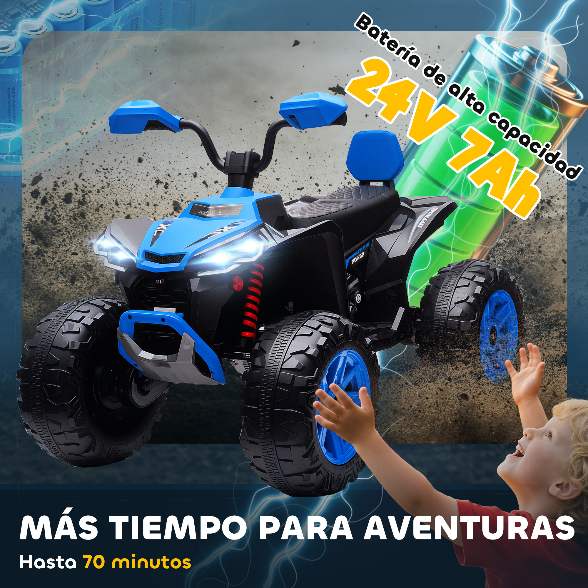 Un quad infantil azul con grandes ruedas y un niño corriendo hacia él.