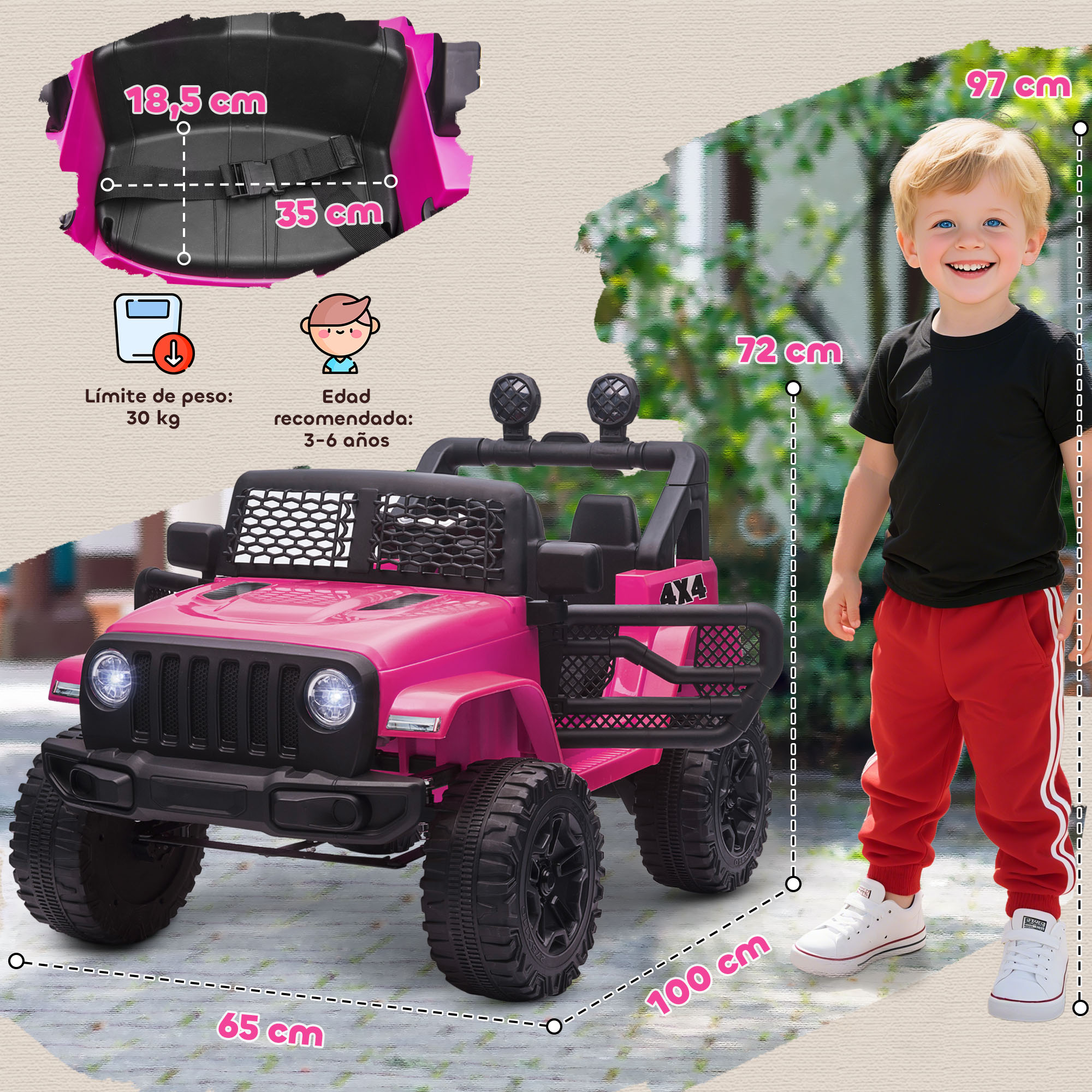 Un Jeep de juguete rosa con un niño al lado. Se muestran las dimensiones.