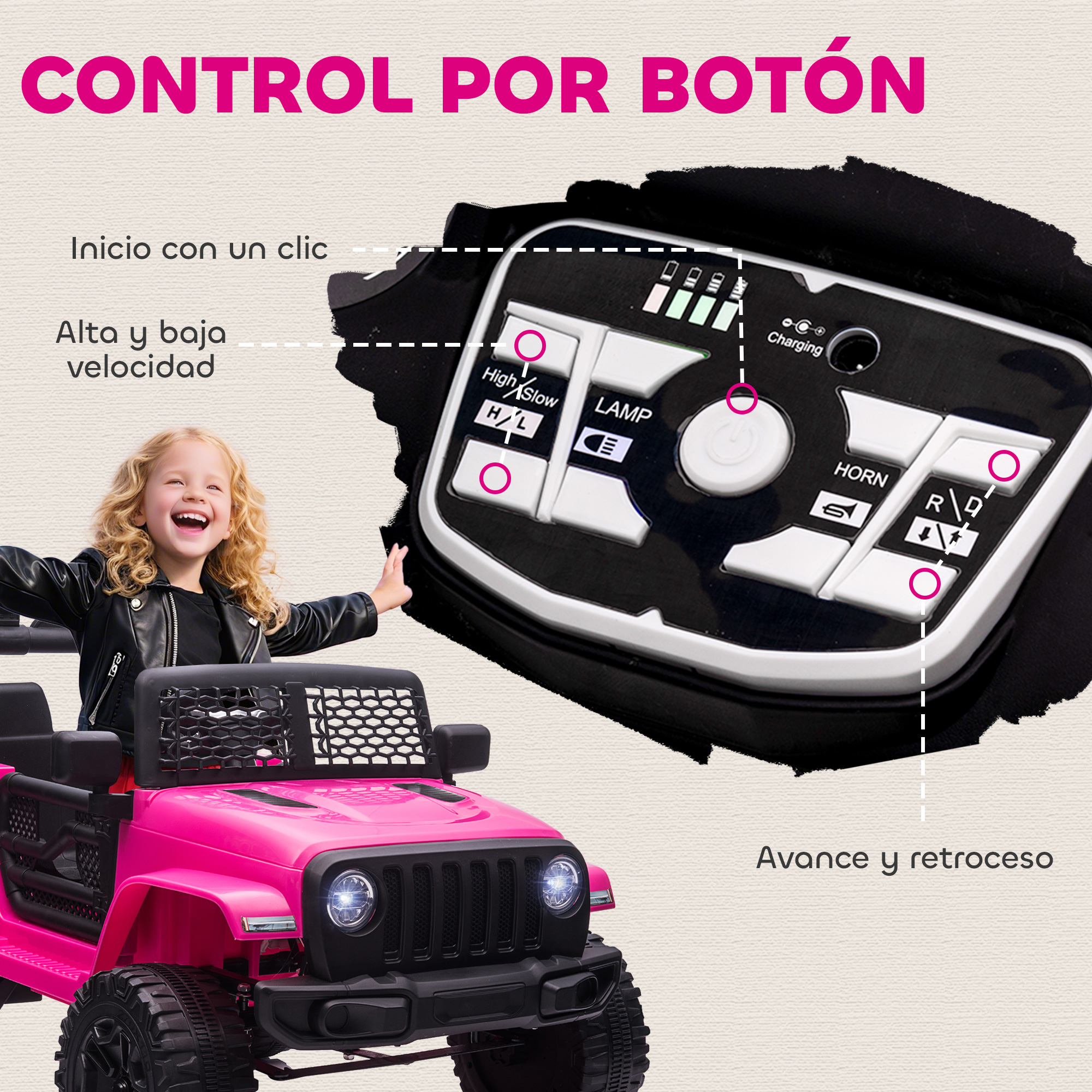 Una niña sonriendo en un coche de juguete rosa, con panel de control.