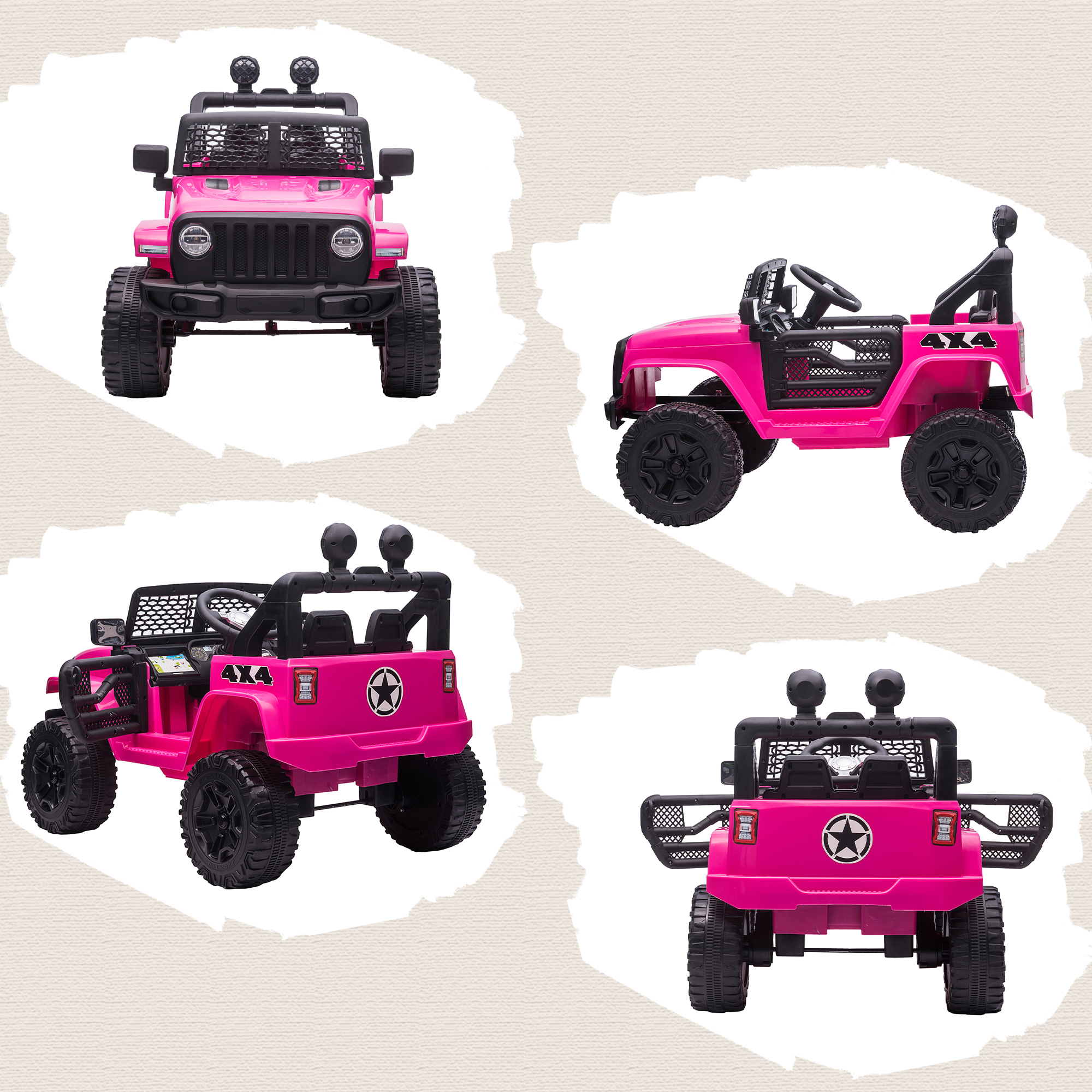 Un jeep de juguete rosa para niños con detalles negros y luces.