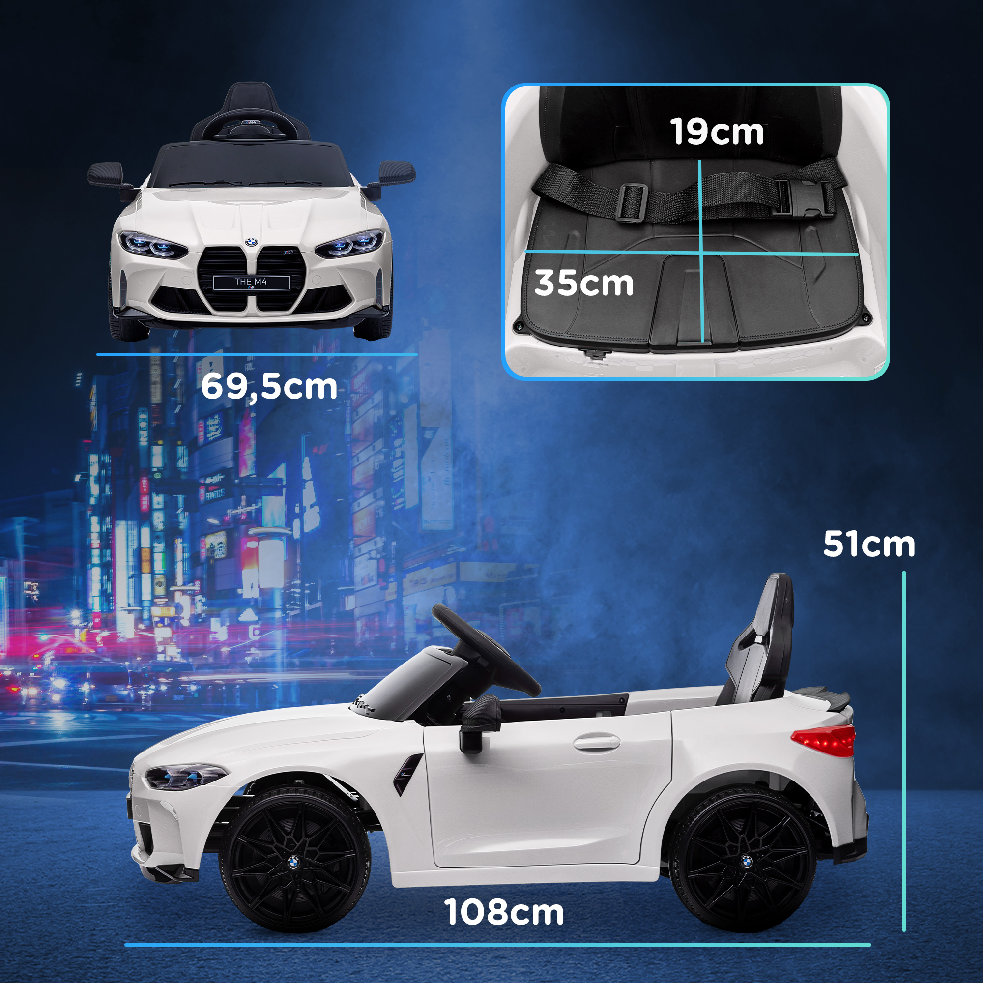Un coche eléctrico blanco para niños, con dimensiones.