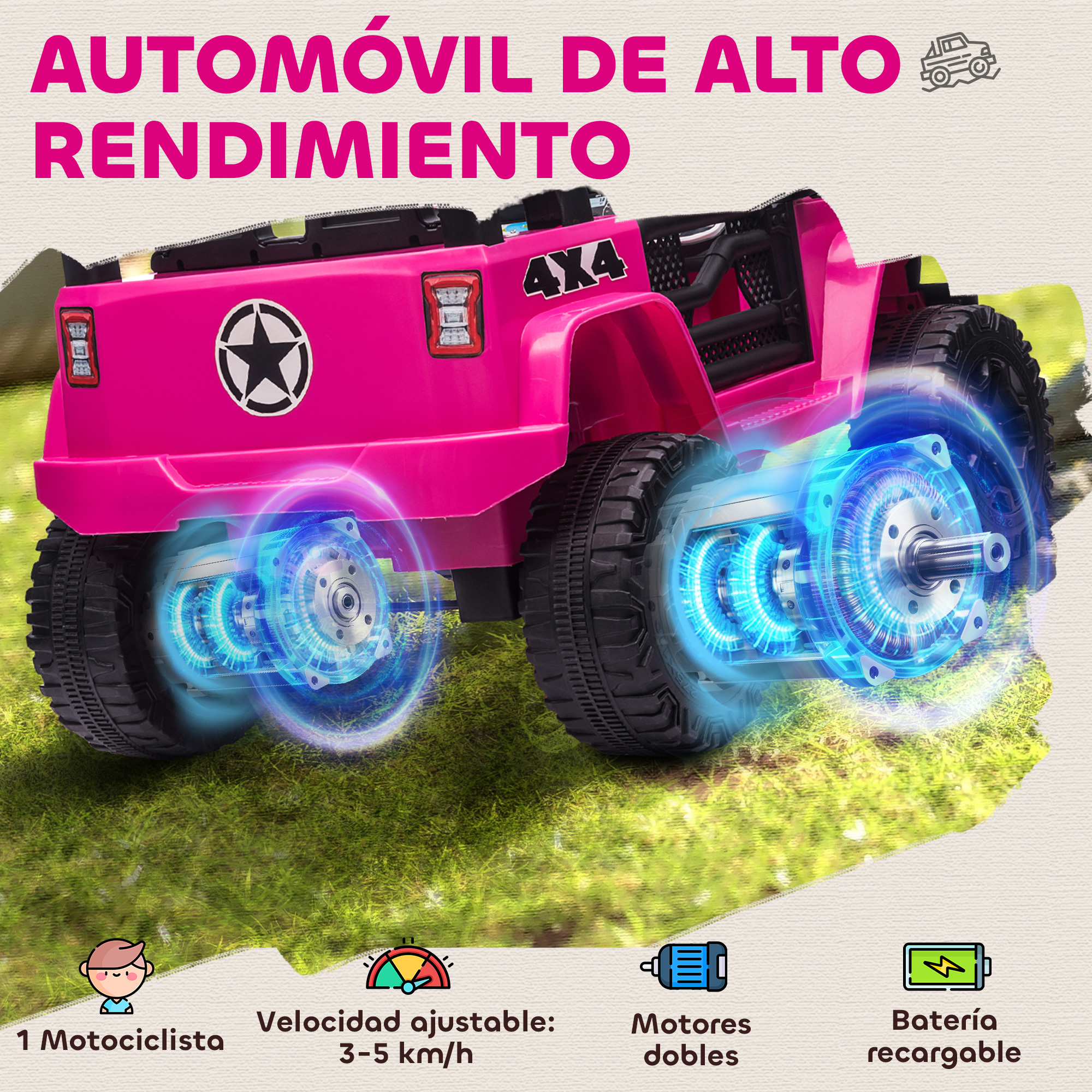 Un coche eléctrico de juguete rosa con marca 4x4 y motores iluminados.