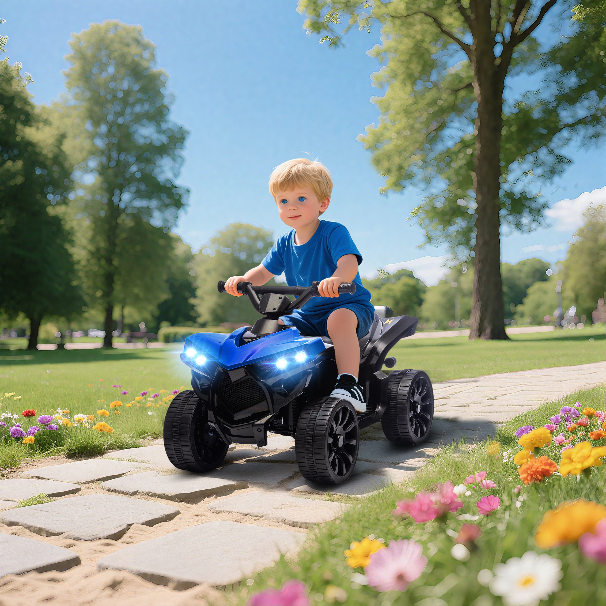 Un niño pequeño monta un quad azul por un sendero del parque con flores.