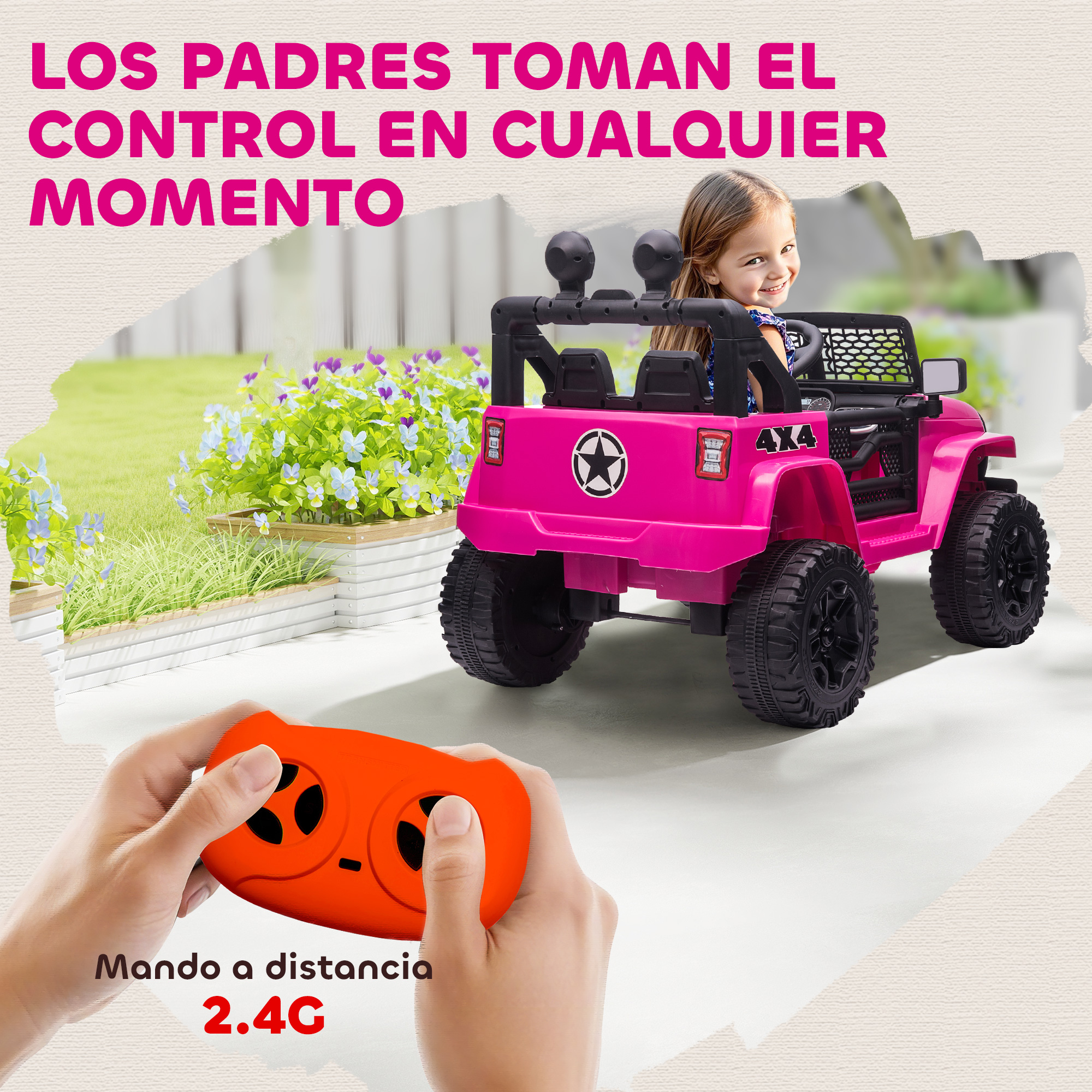 Una niña conduce un Jeep de juguete rosa con control remoto al frente.