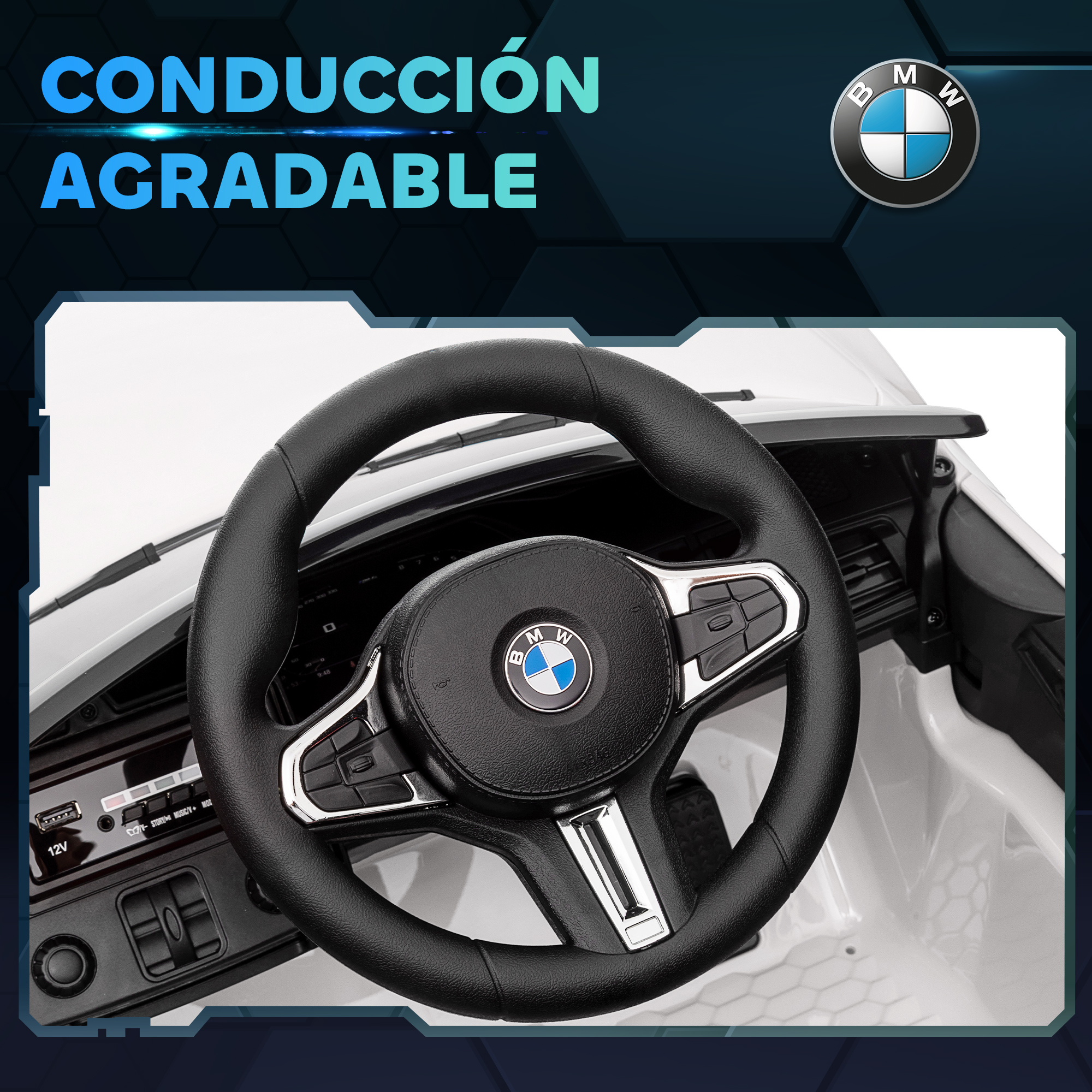 Vista interior de un coche de juguete BMW blanco, mostrando volante y salpicadero.