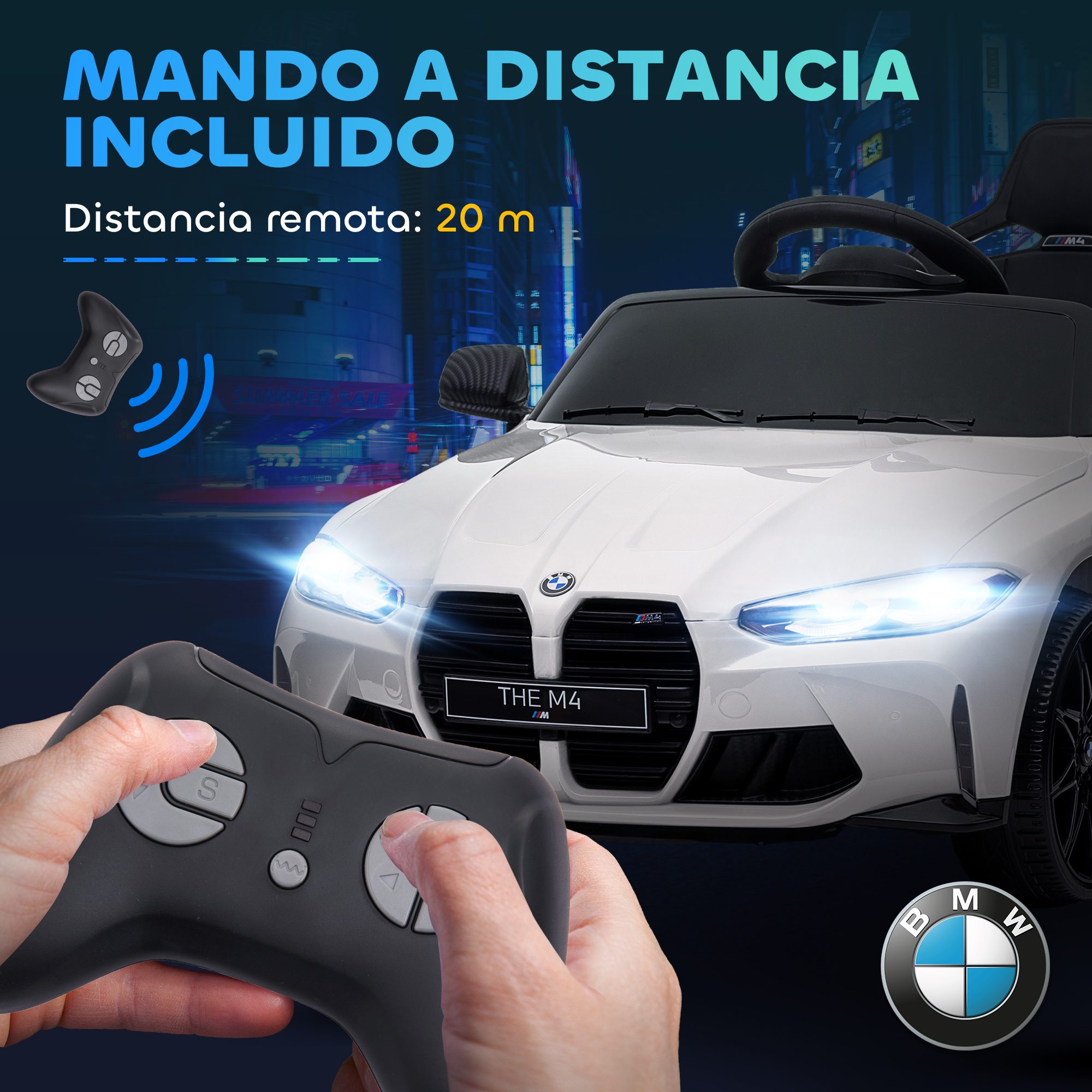 Un BMW M4 blanco con control remoto y fondo de ciudad.