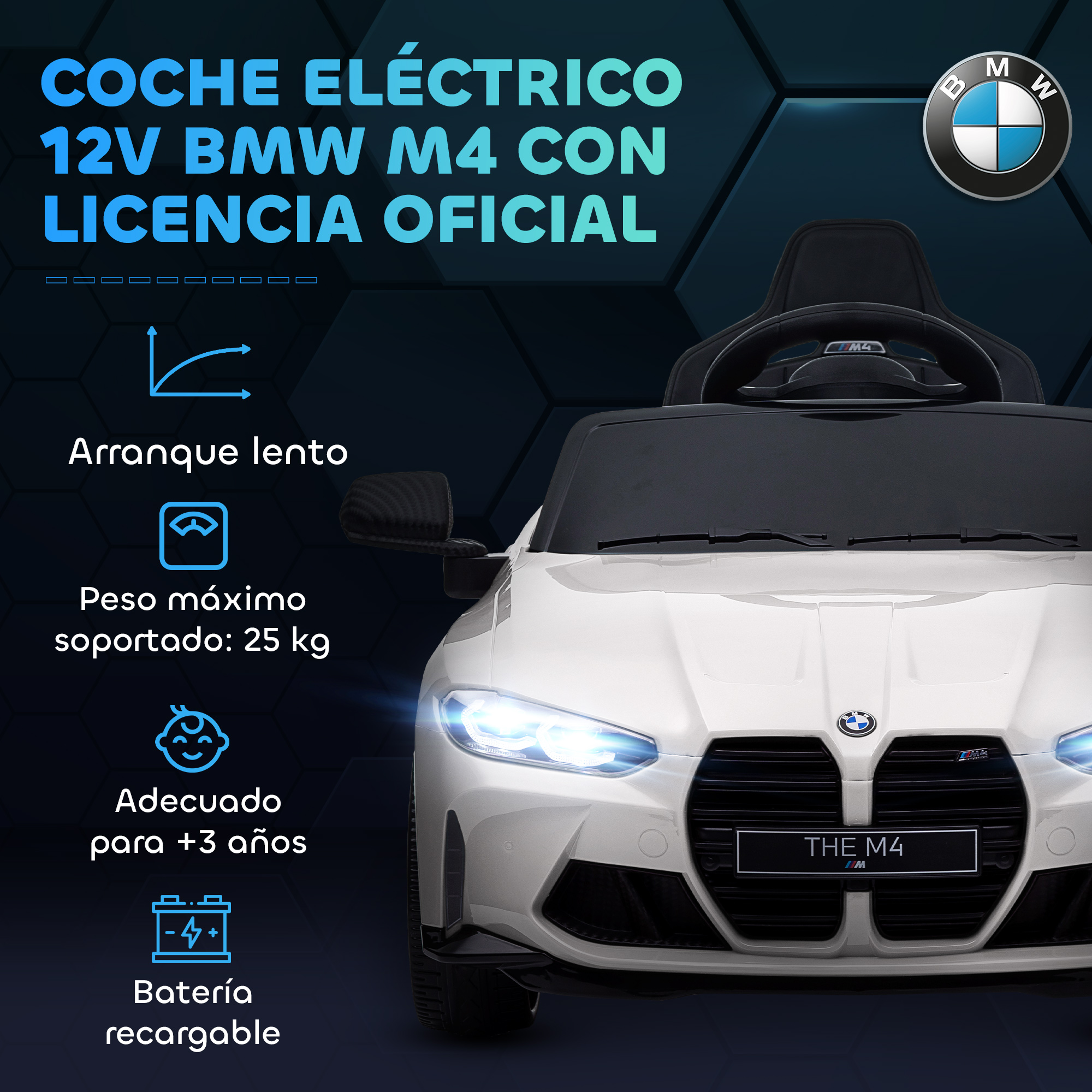 Coche eléctrico BMW M4 12V blanco con licencia. Máx. 25 kg.