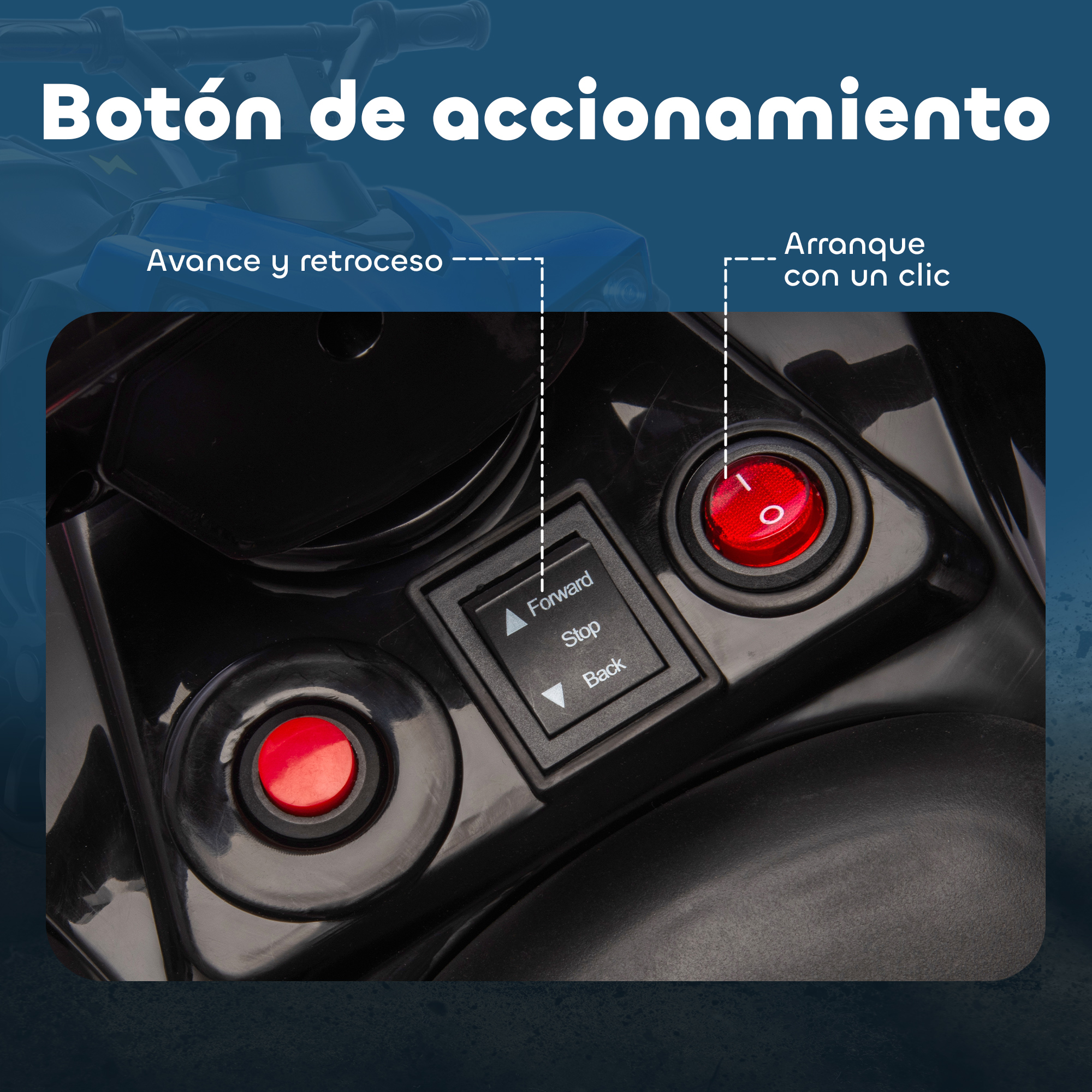 Botón rojo de inicio/parada y selector de avance/retroceso en panel negro.
