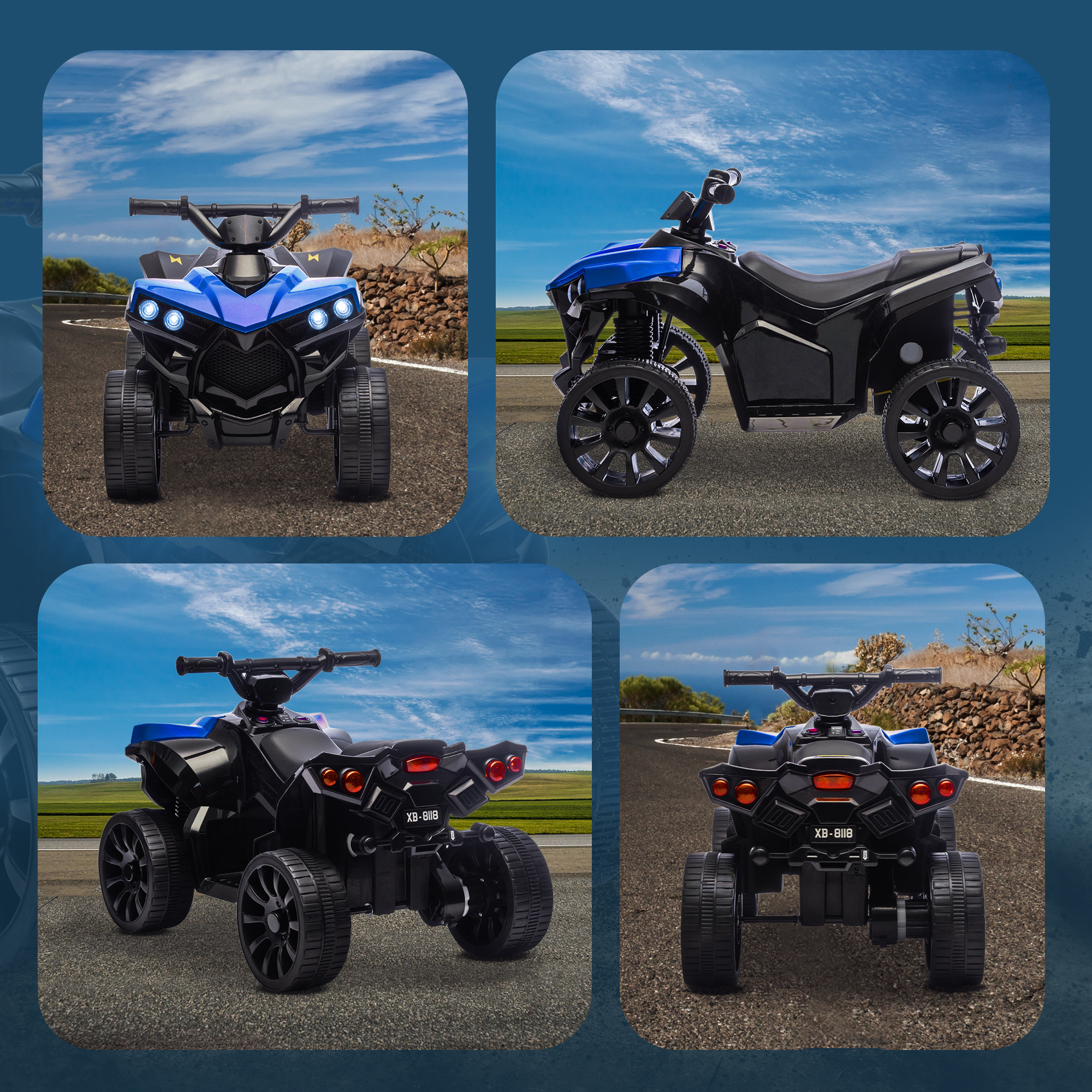 Un quad infantil azul y negro con luces y neumáticos sobre asfalto.