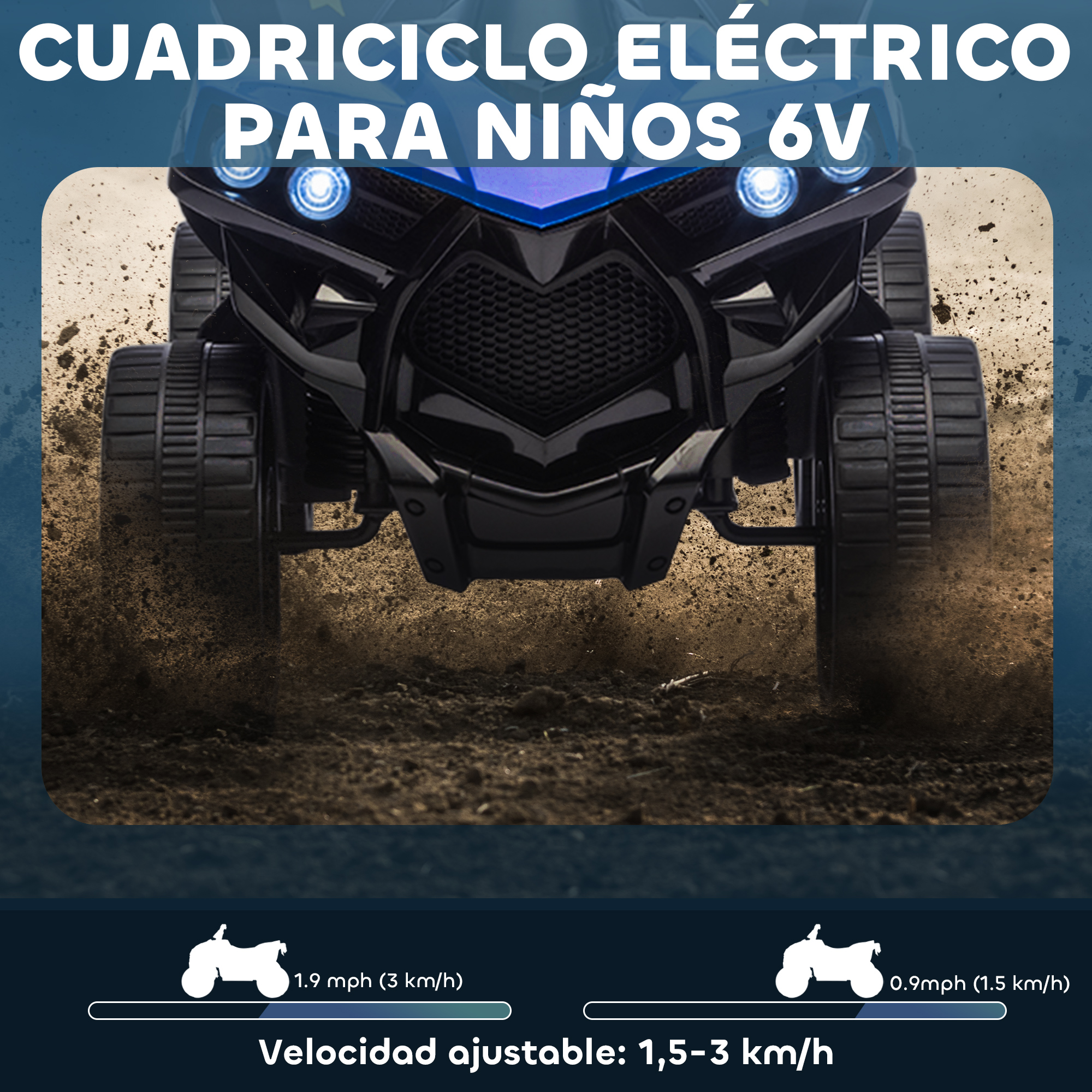 Un quad eléctrico negro para niños avanza sobre tierra. Luces a izquierda y derecha.