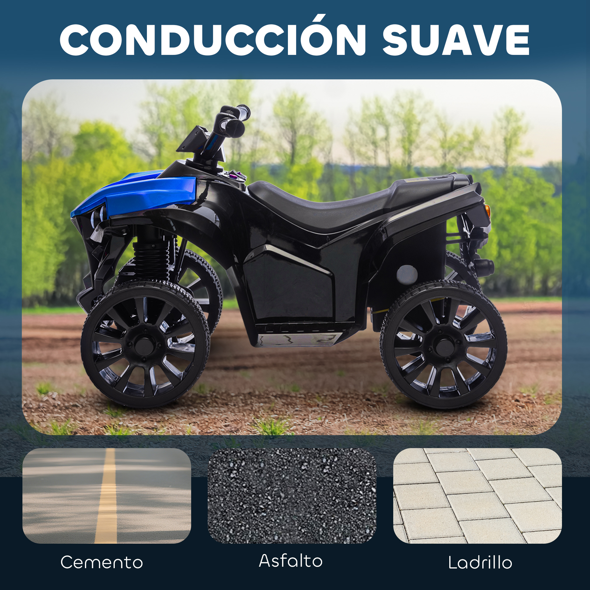 Un quad infantil negro y azul al aire libre, con muestras de superficie debajo.