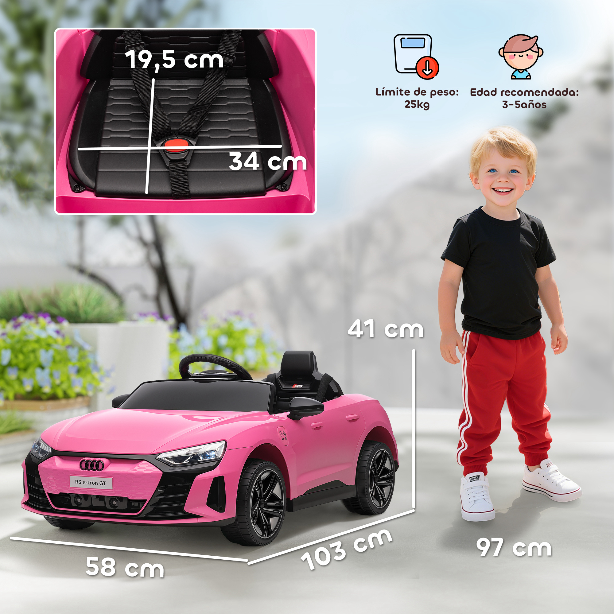 Un cochecito Audi RS e-tron GT rosa con un niño al lado.