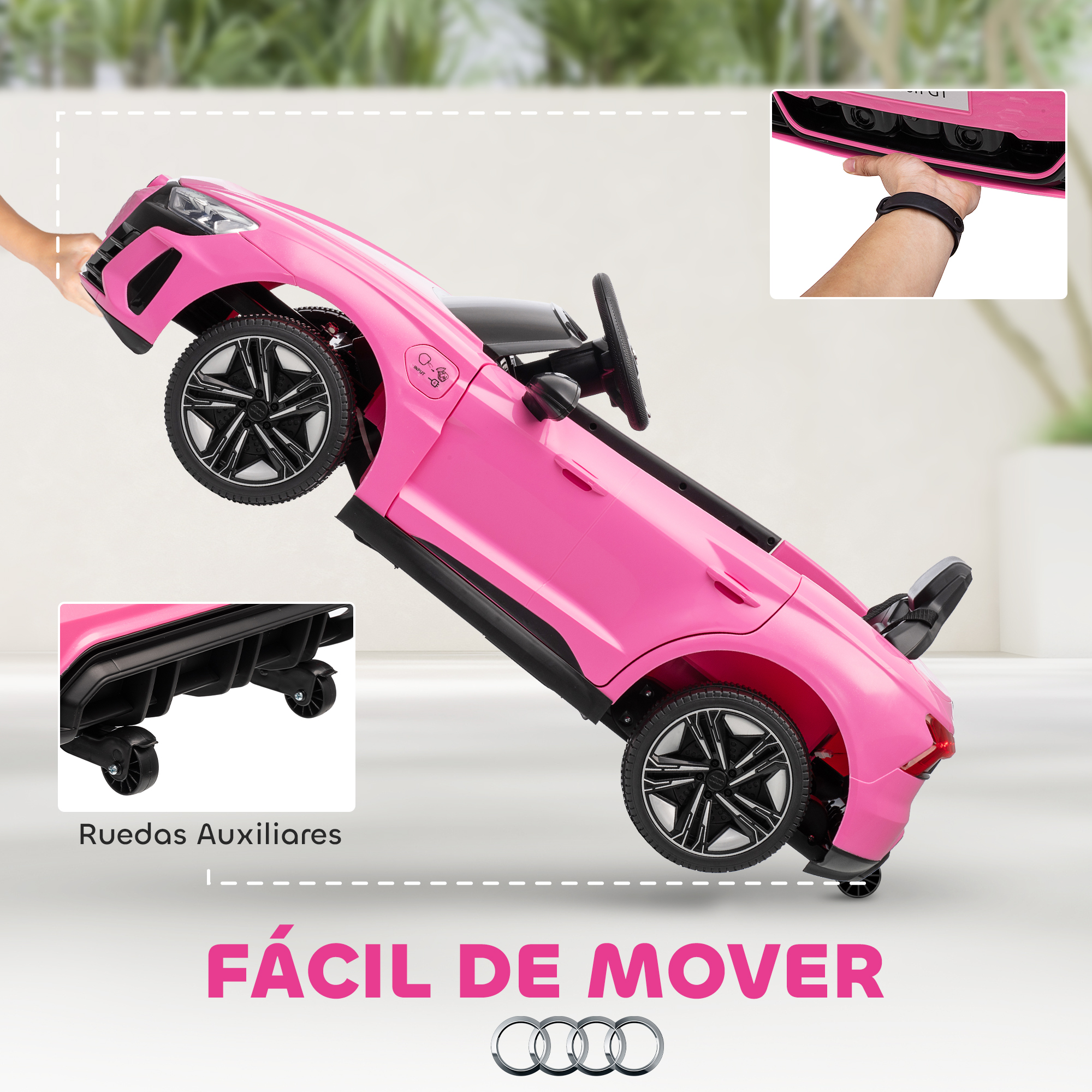 Un coche de juguete rosa está inclinado hacia arriba, mostrando sus ruedas auxiliares y una mano sujetando el parachoques delantero. El texto dice "FÁCIL DE MOVER".