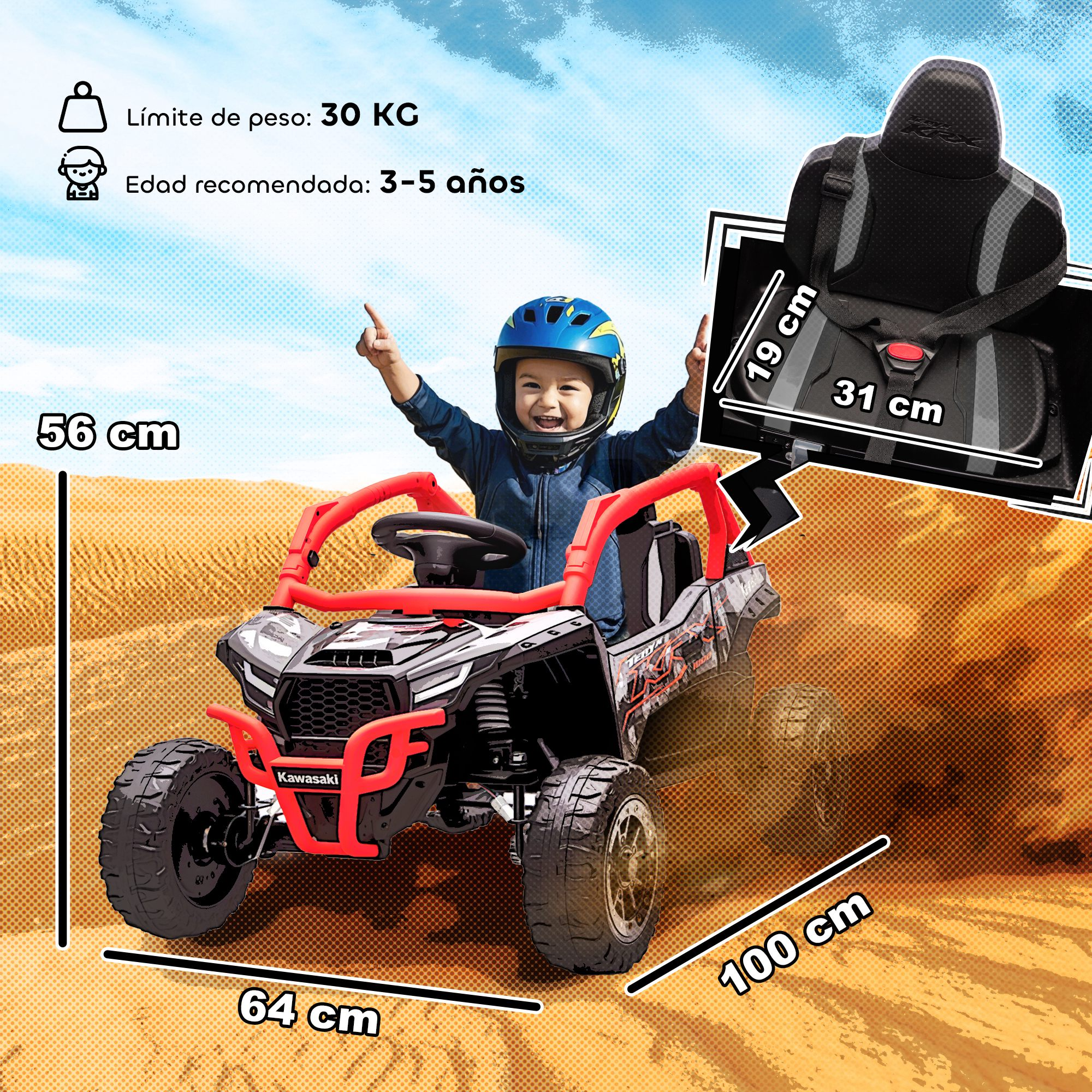 Un niño con casco azul sentado en un juguete Kawasaki negro y rojo, con dimensiones y límites de peso mostrados.