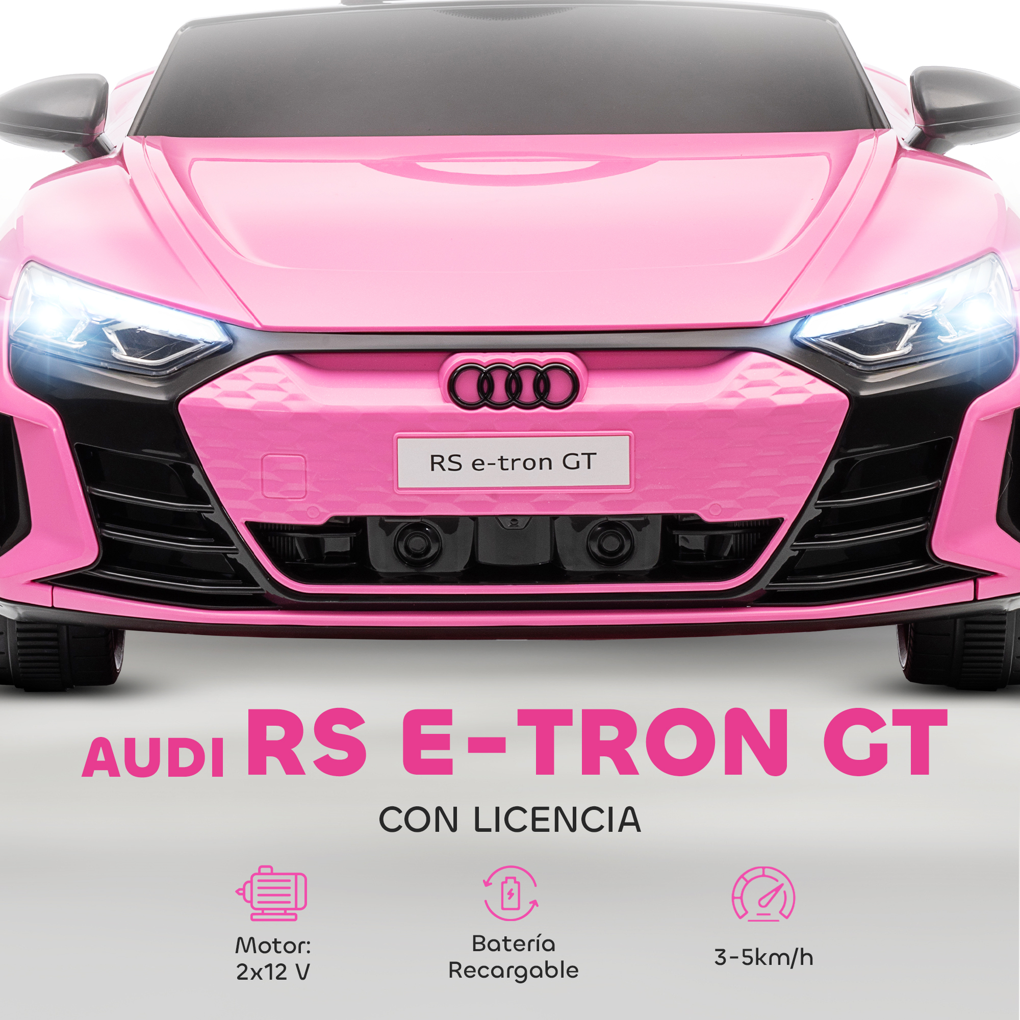 Vista frontal de un coche de juguete Audi RS e-tron GT rosa con faros encendidos, texto debajo detalla características.