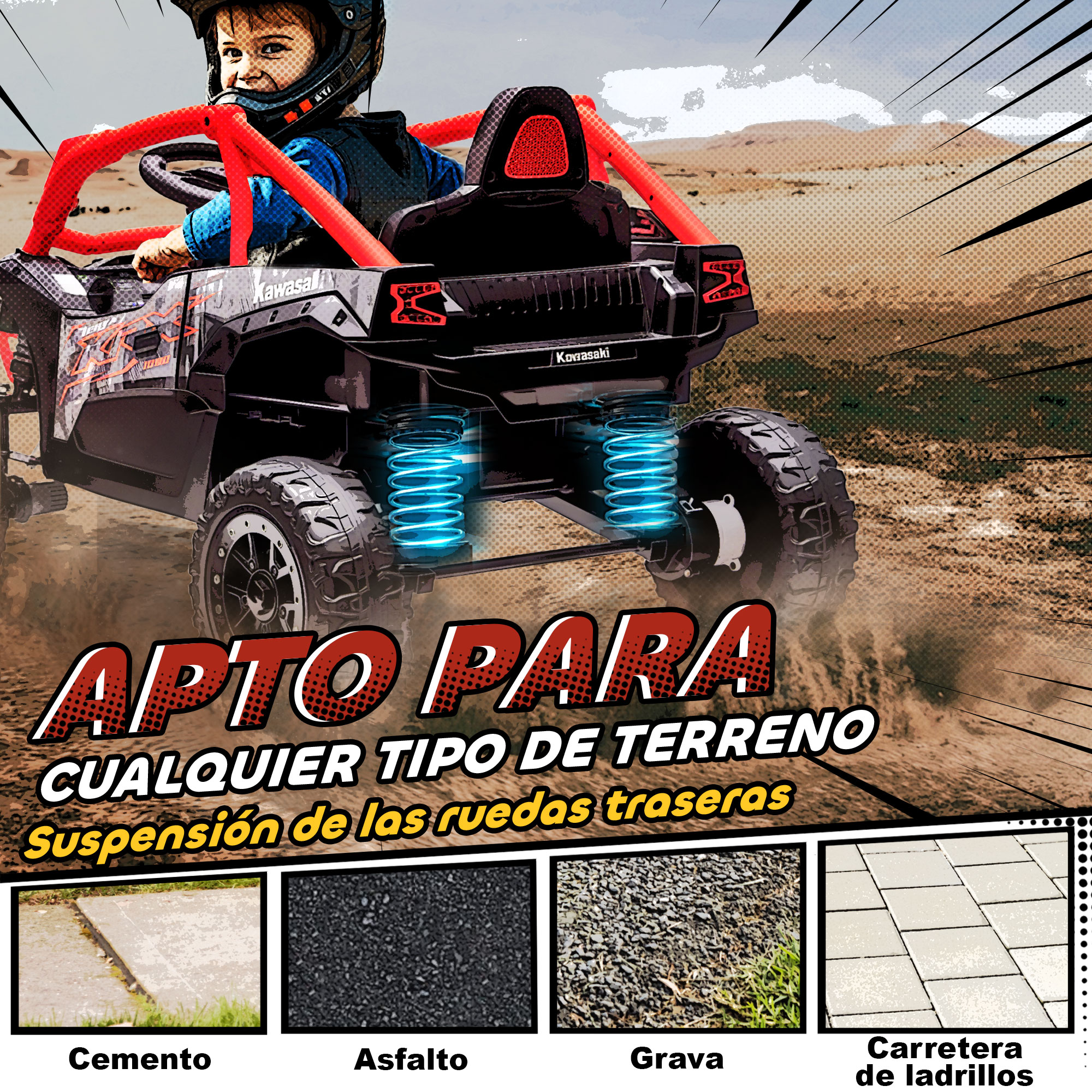 Un niño con casco conduce un vehículo todoterreno de juguete Kawasaki negro con barras antivuelco rojas en una pista de tierra.